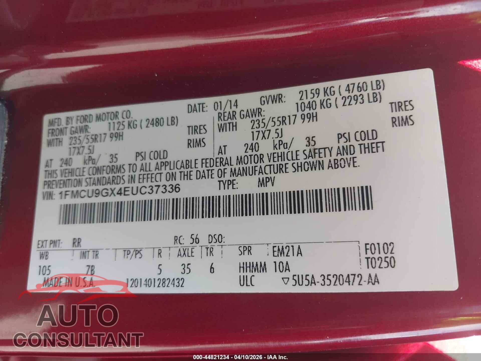 FORD ESCAPE 2014 - 1FMCU9GX4EUC37336