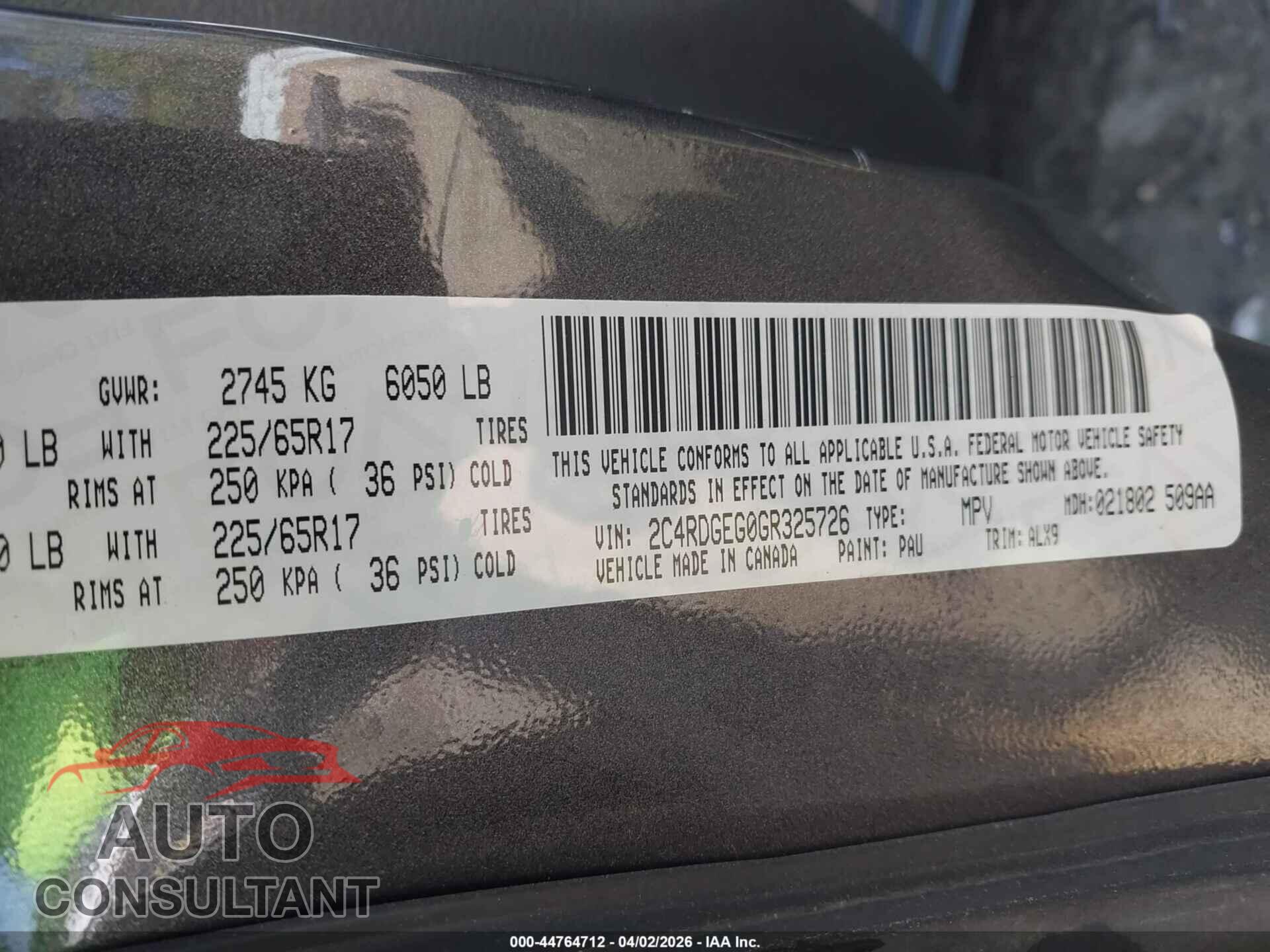 DODGE GRAND CARAVAN 2016 - 2C4RDGEG0GR325726