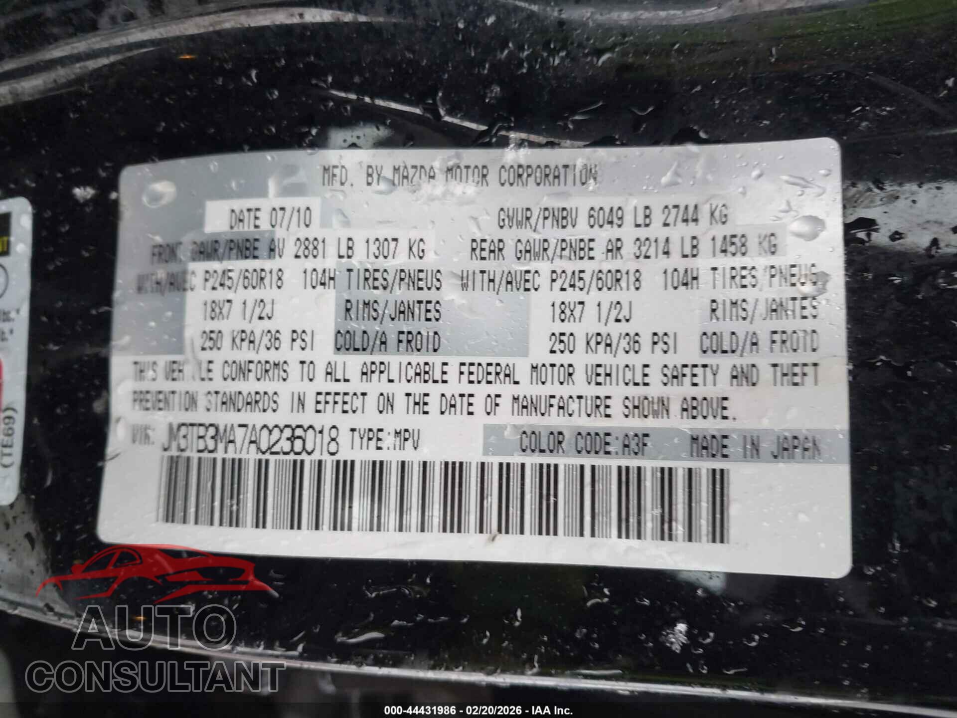MAZDA CX-9 2010 - JM3TB3MA7A0236018