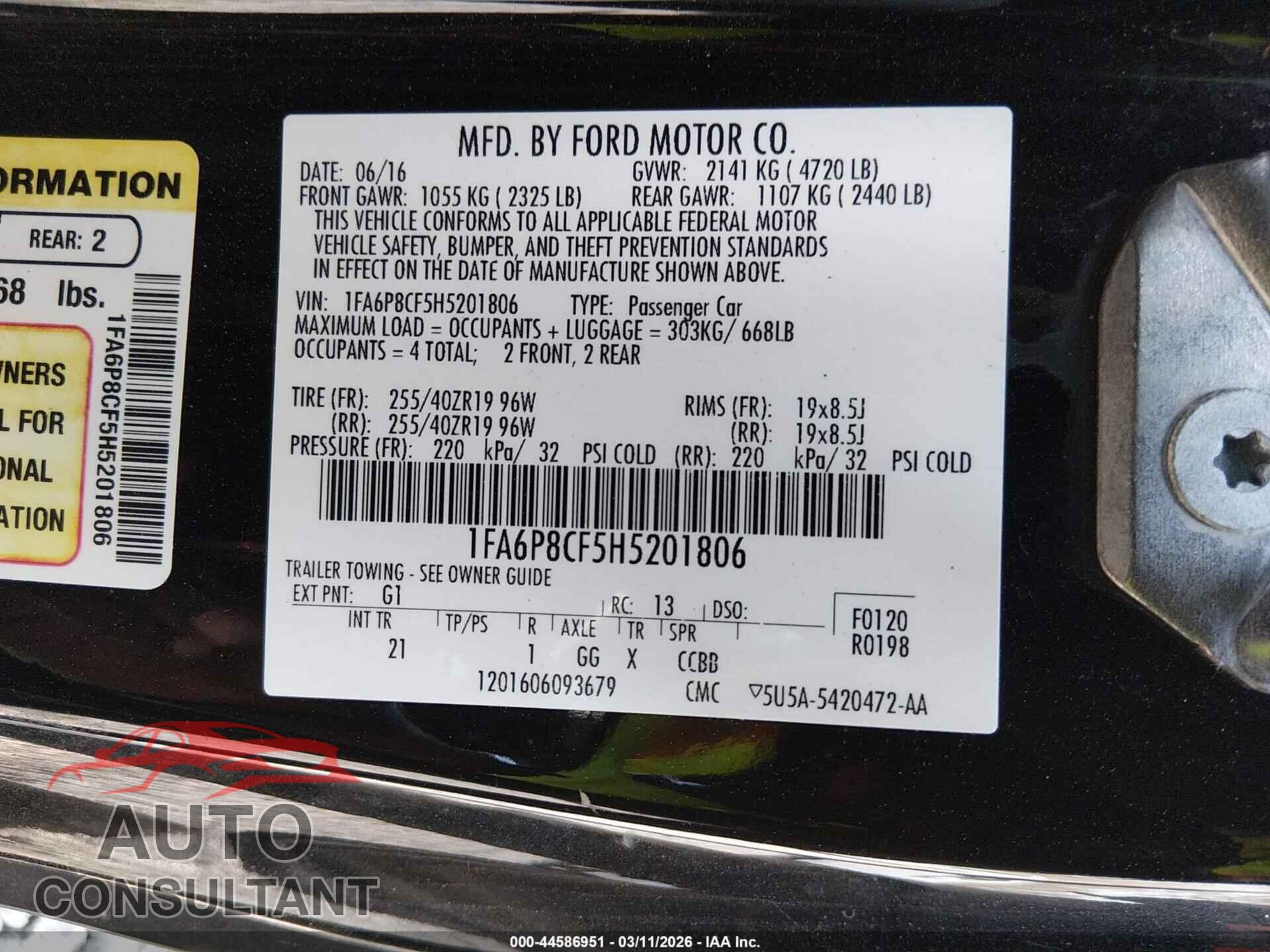 FORD MUSTANG 2017 - 1FA6P8CF5H5201806