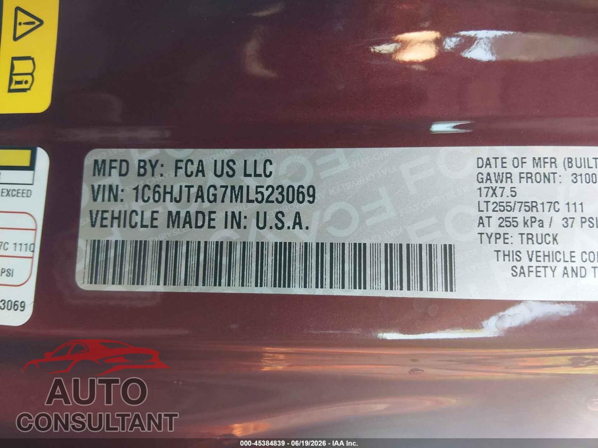 JEEP GLADIATOR 2021 - 1C6HJTAG7ML523069