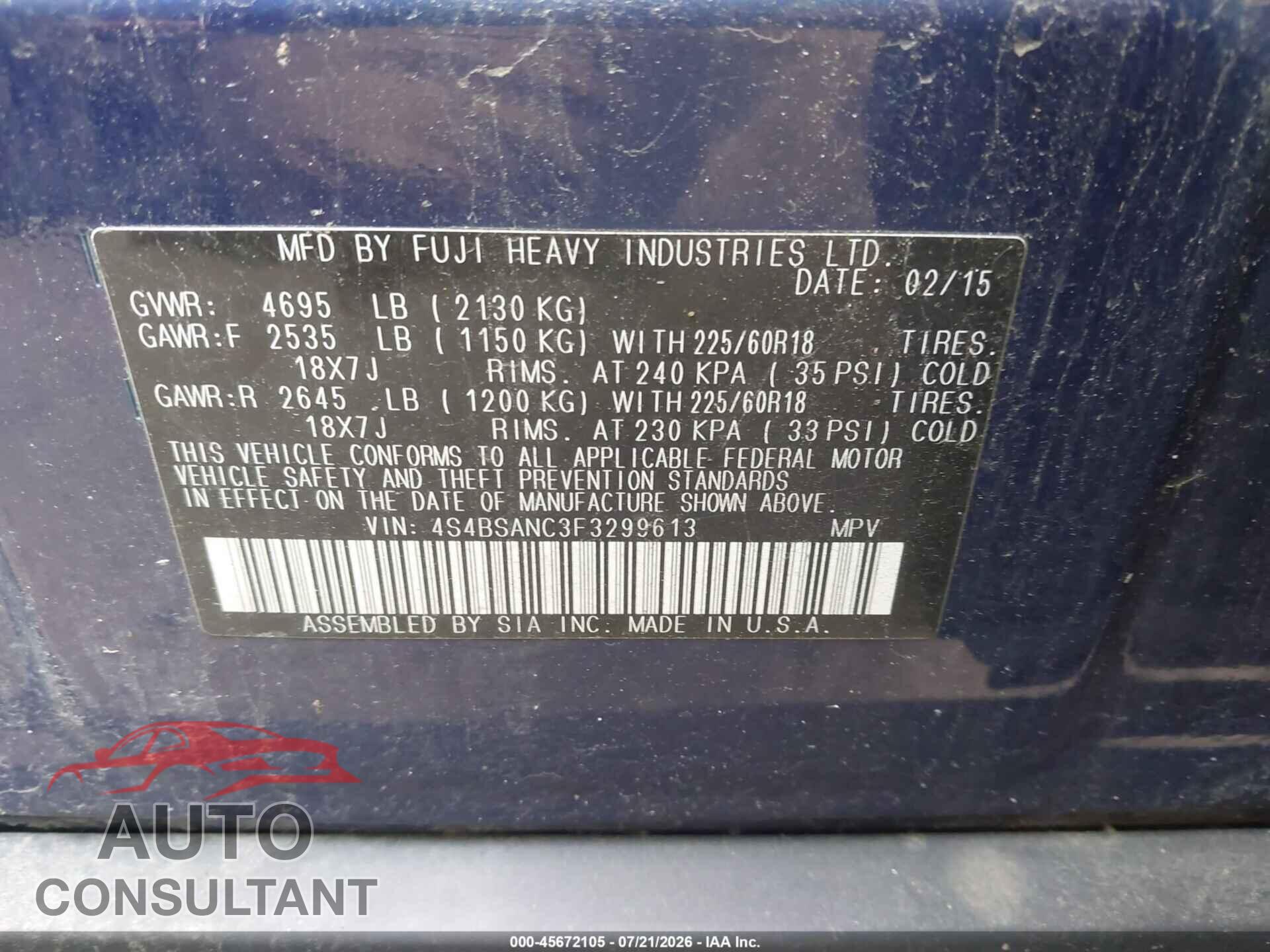 SUBARU OUTBACK 2015 - 4S4BSANC3F3299613