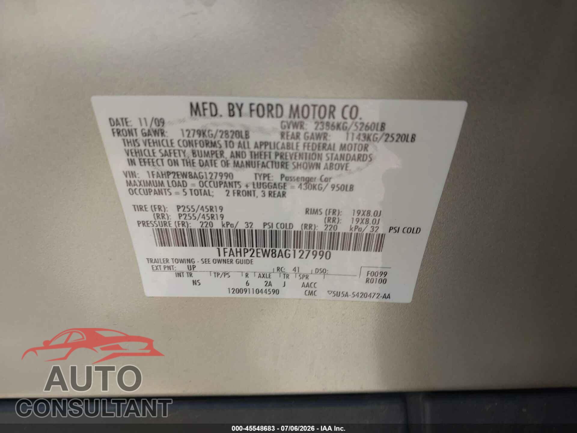 FORD TAURUS 2010 - 1FAHP2EW8AG127990