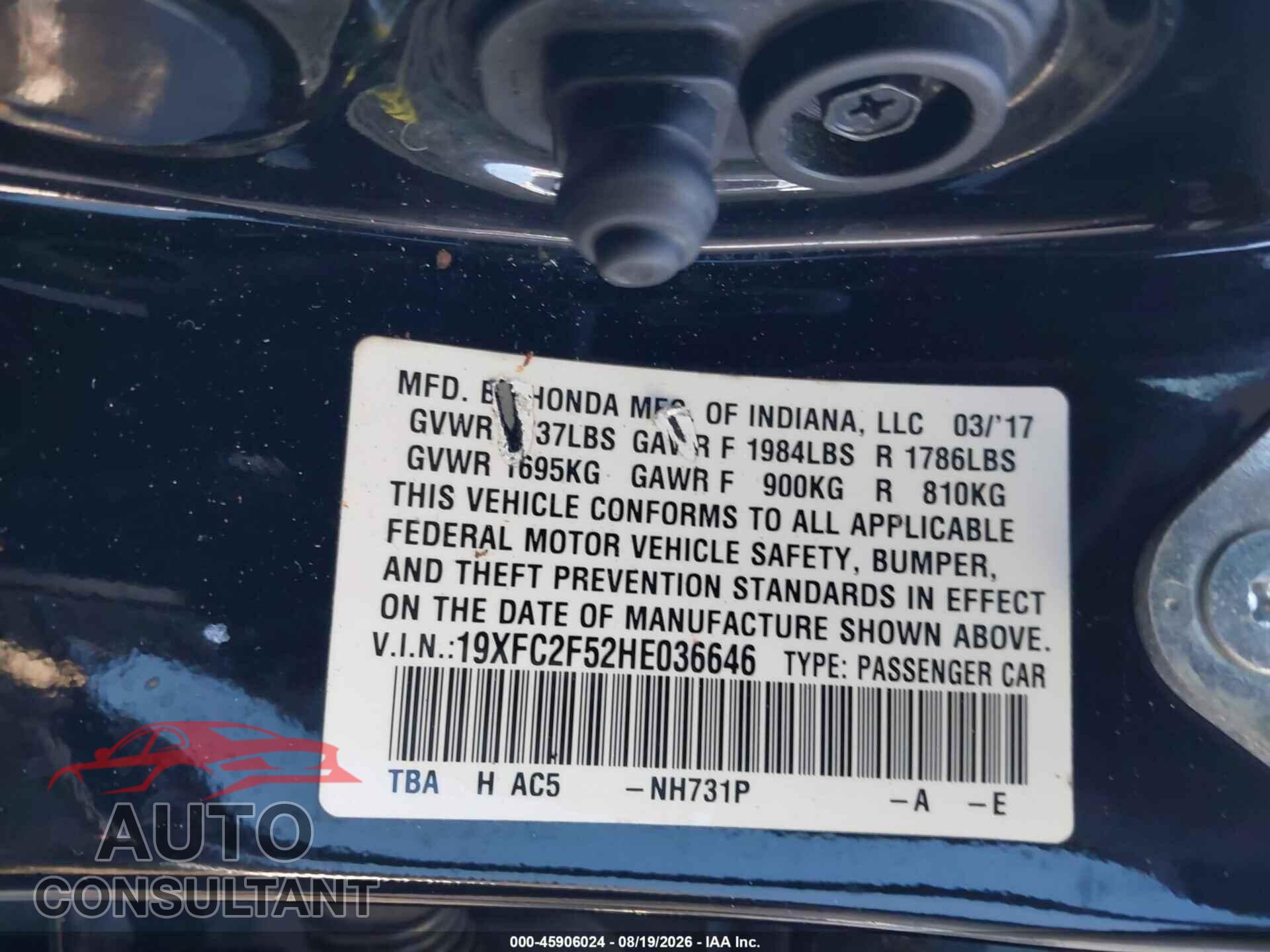 HONDA CIVIC 2017 - 19XFC2F52HE036646
