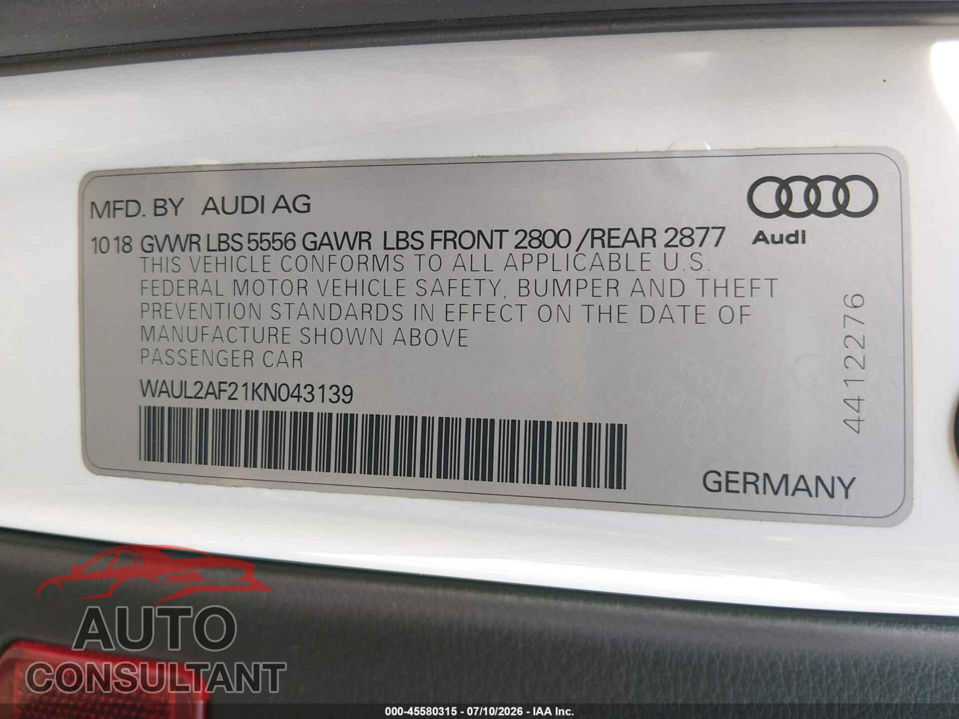 AUDI A6 2019 - WAUL2AF21KN043139