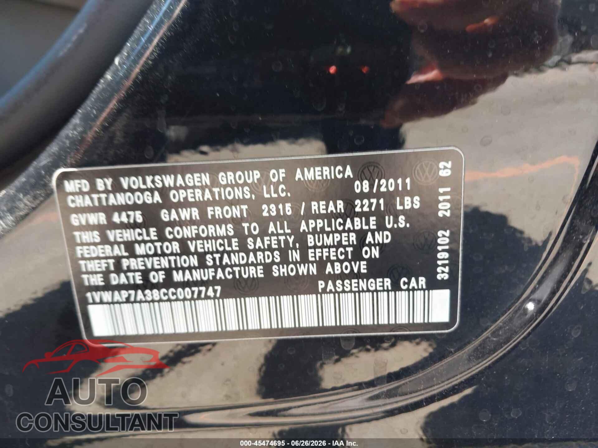 VOLKSWAGEN PASSAT 2012 - 1VWAP7A38CC007747