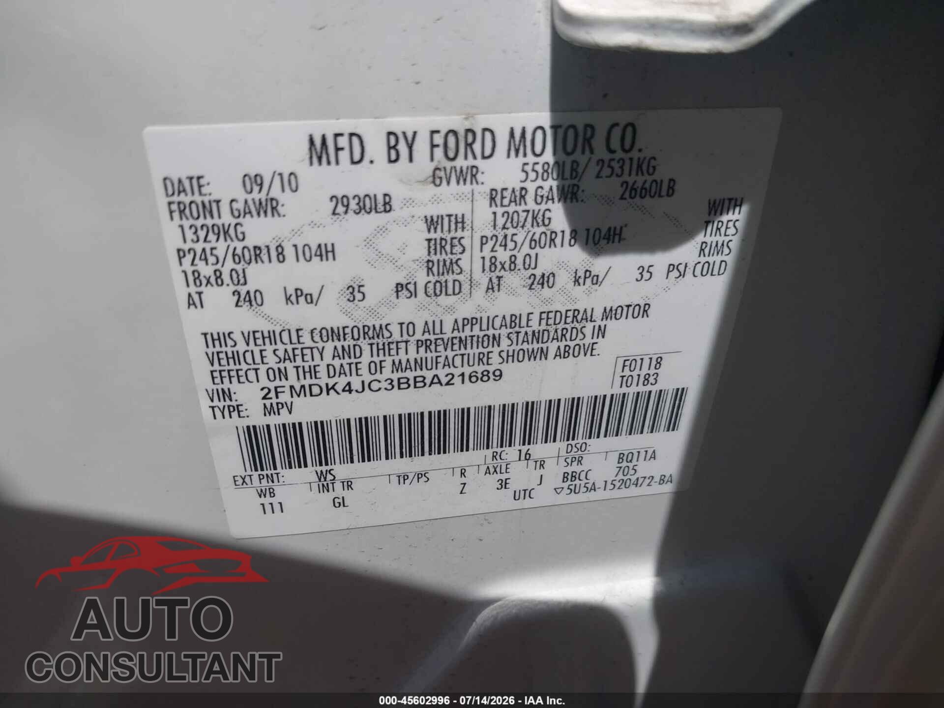 FORD EDGE 2011 - 2FMDK4JC3BBA21689