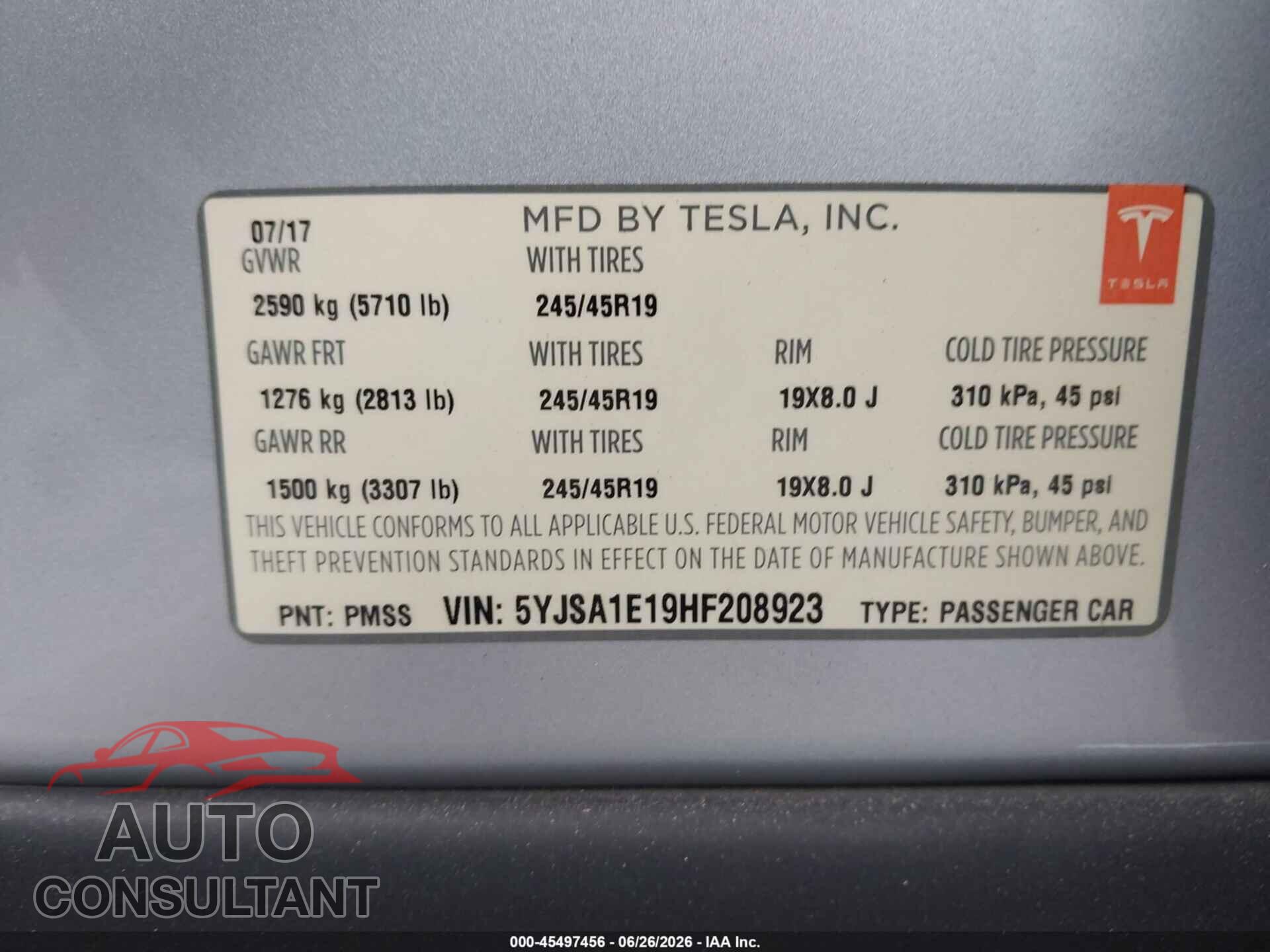 TESLA MODEL S 2017 - 5YJSA1E19HF208923