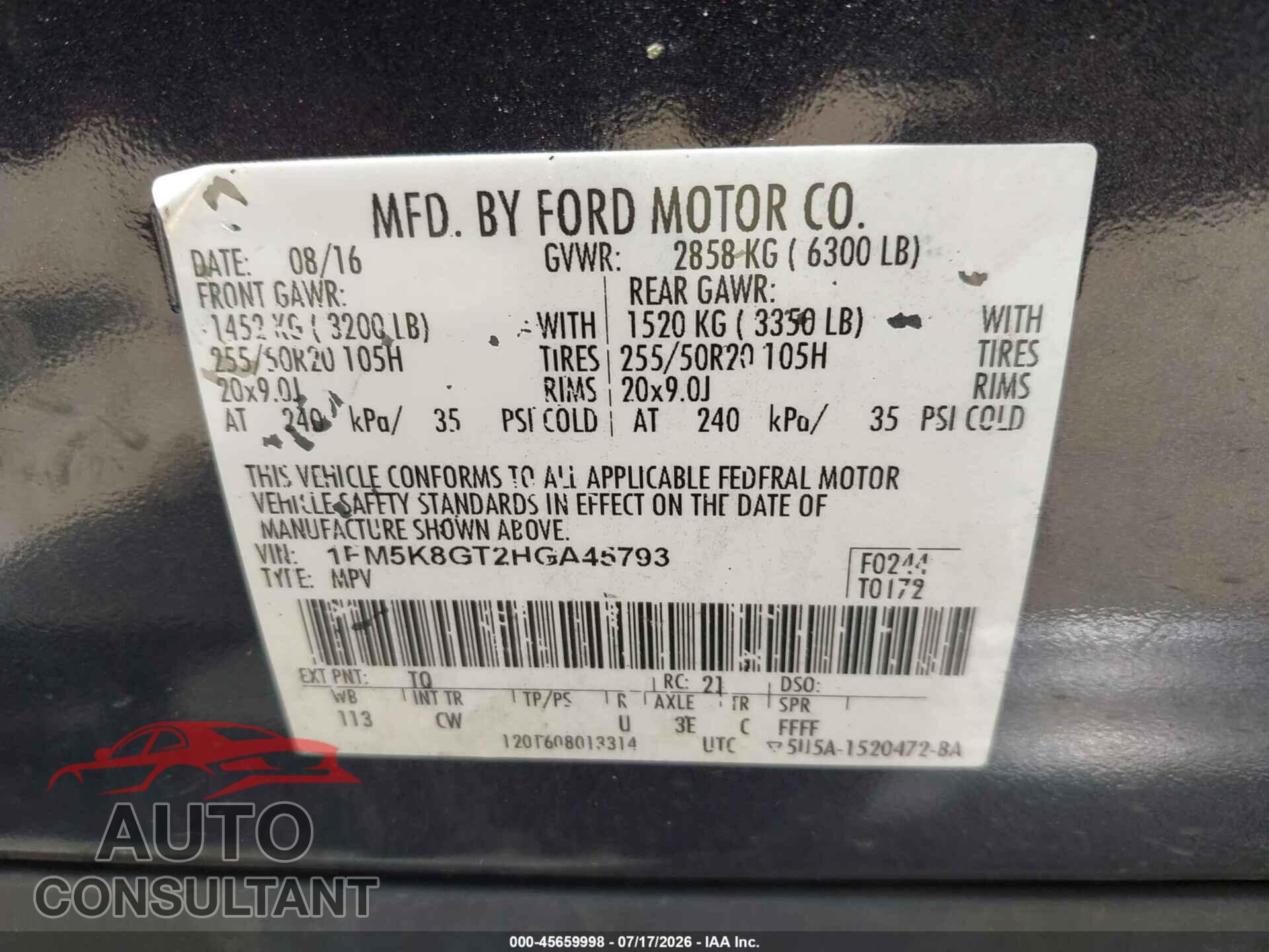 FORD EXPLORER 2017 - 1FM5K8GT2HGA45793