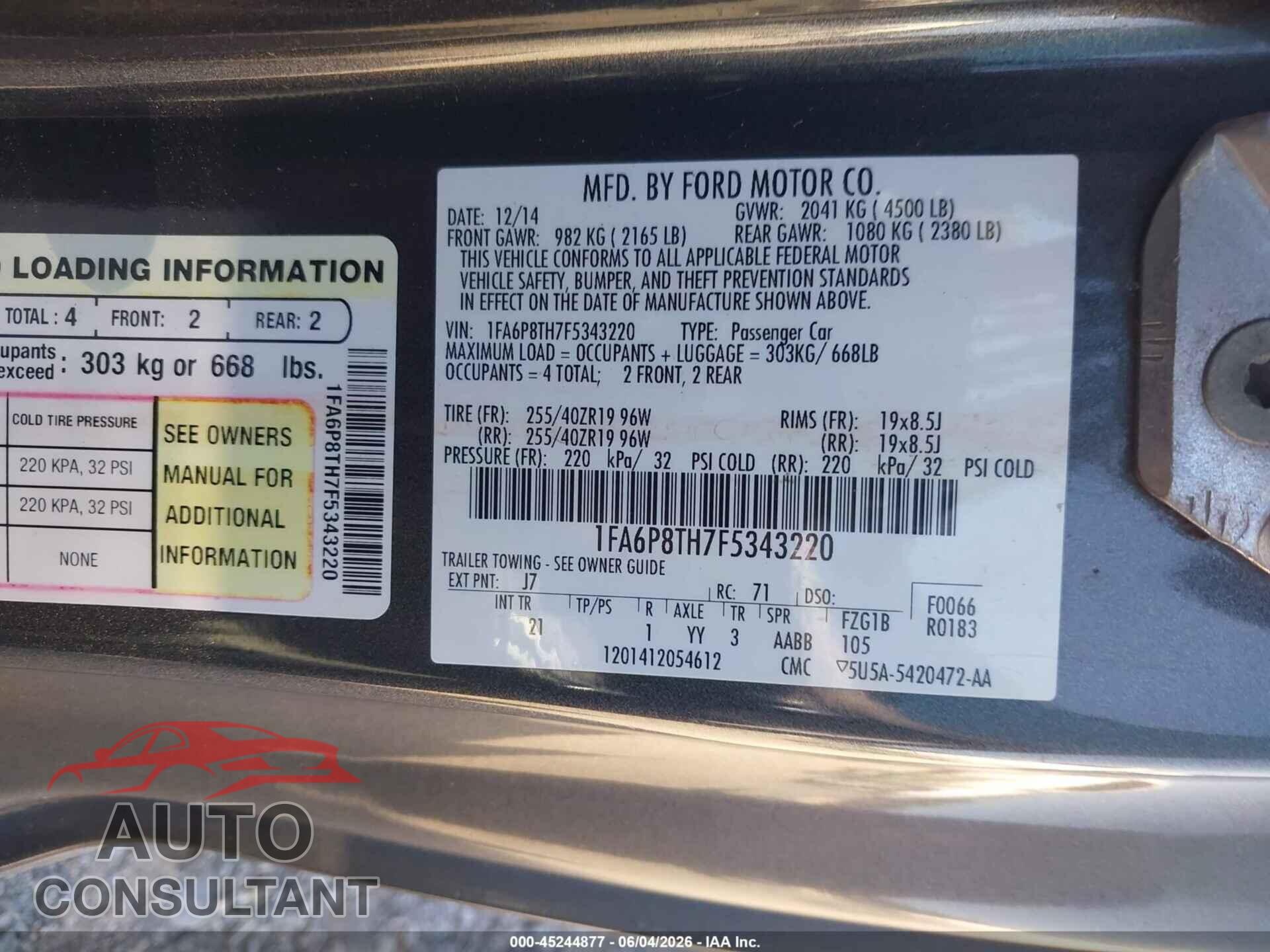 FORD MUSTANG 2015 - 1FA6P8TH7F5343220
