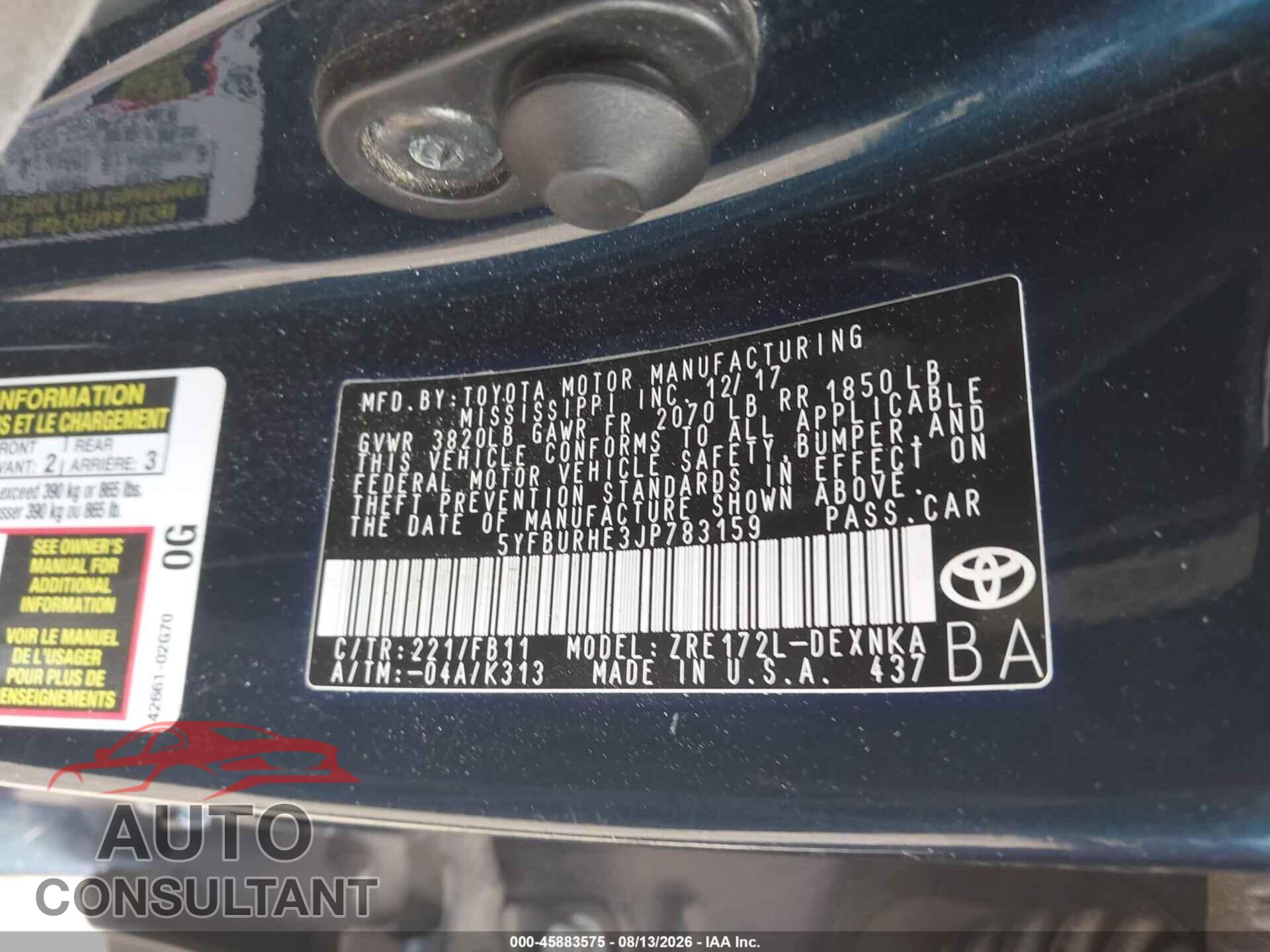 TOYOTA COROLLA 2018 - 5YFBURHE3JP783159