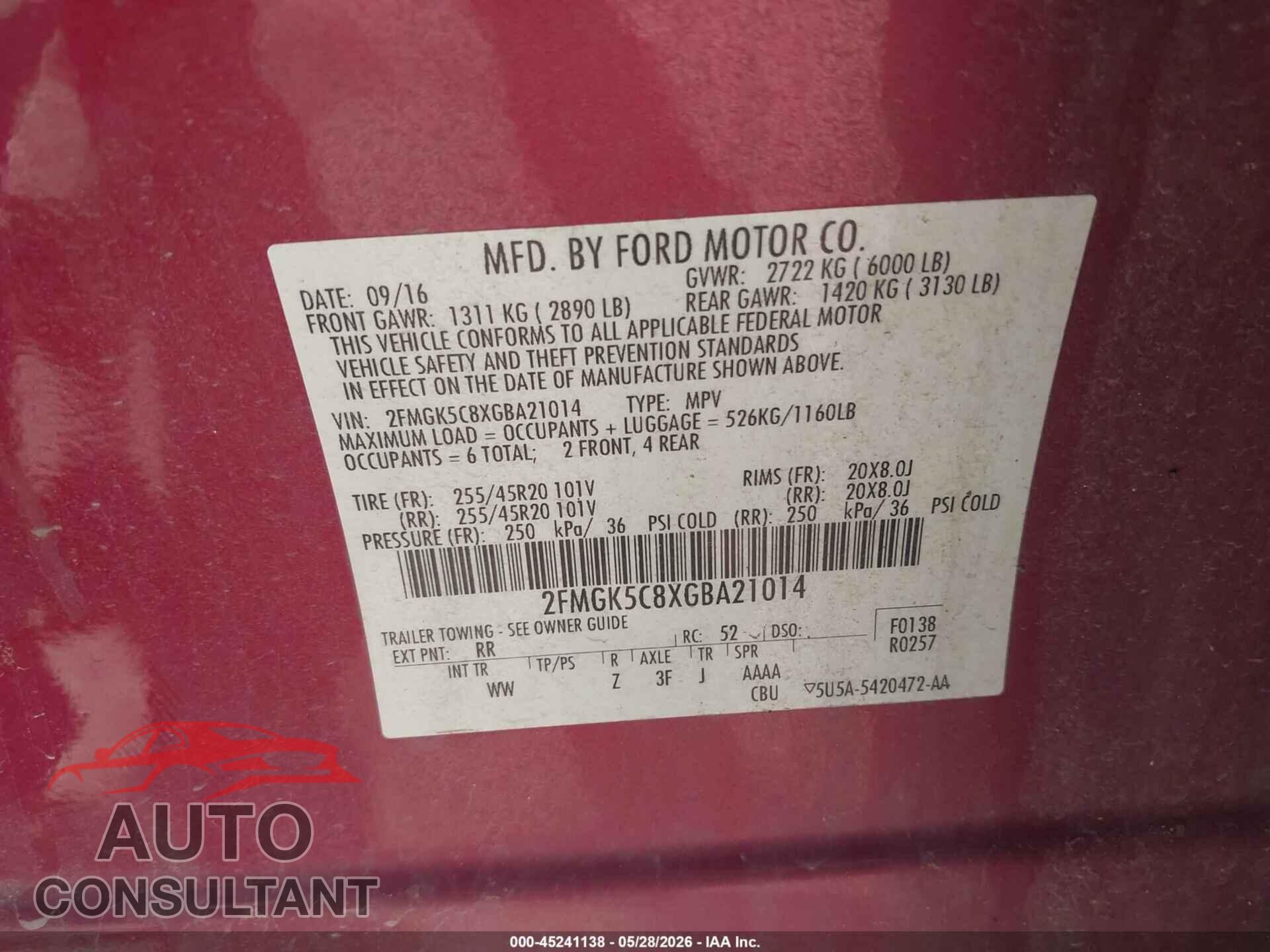 FORD FLEX 2016 - 2FMGK5C8XGBA21014