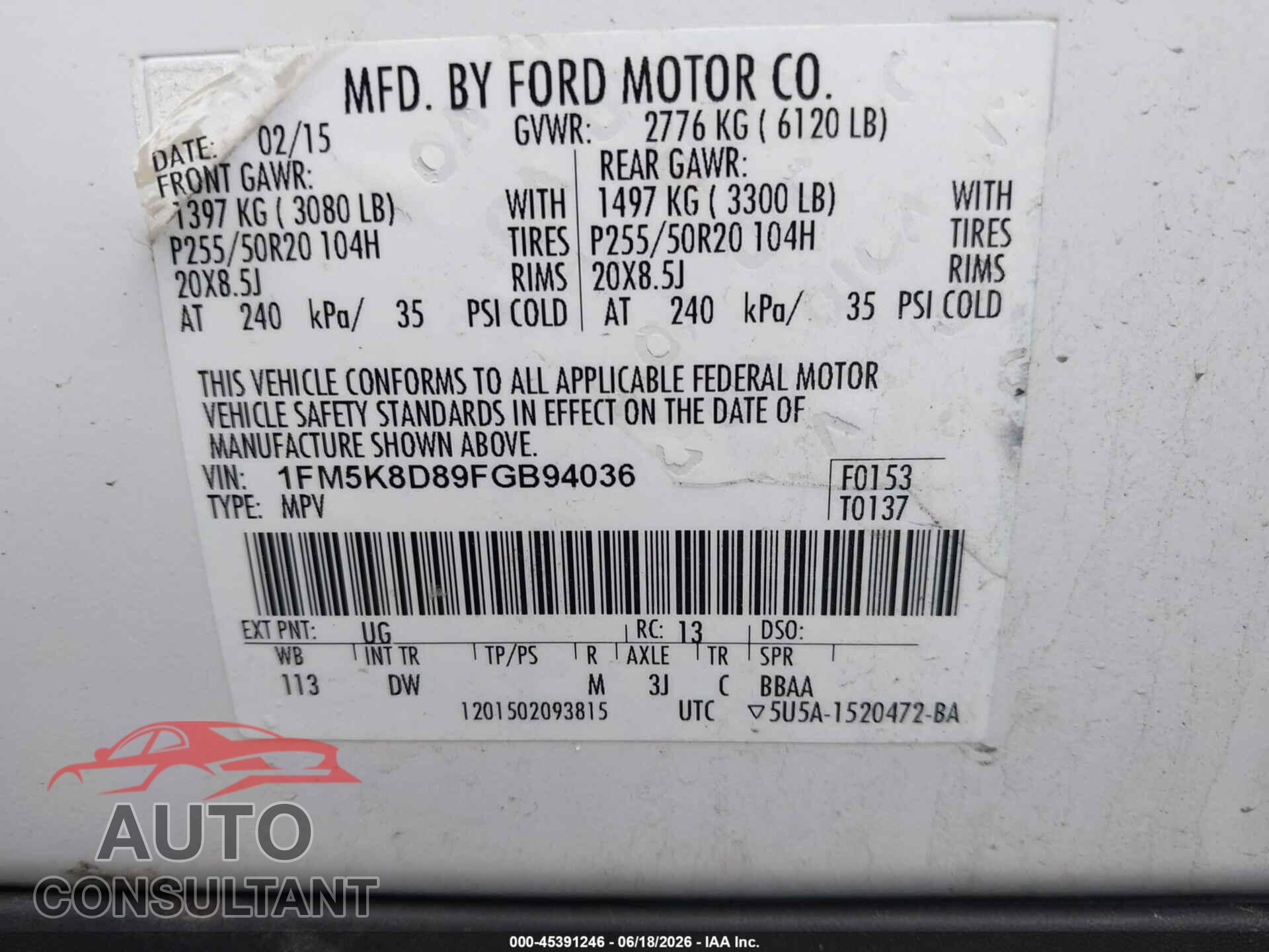 FORD EXPLORER 2015 - 1FM5K8D89FGB94036