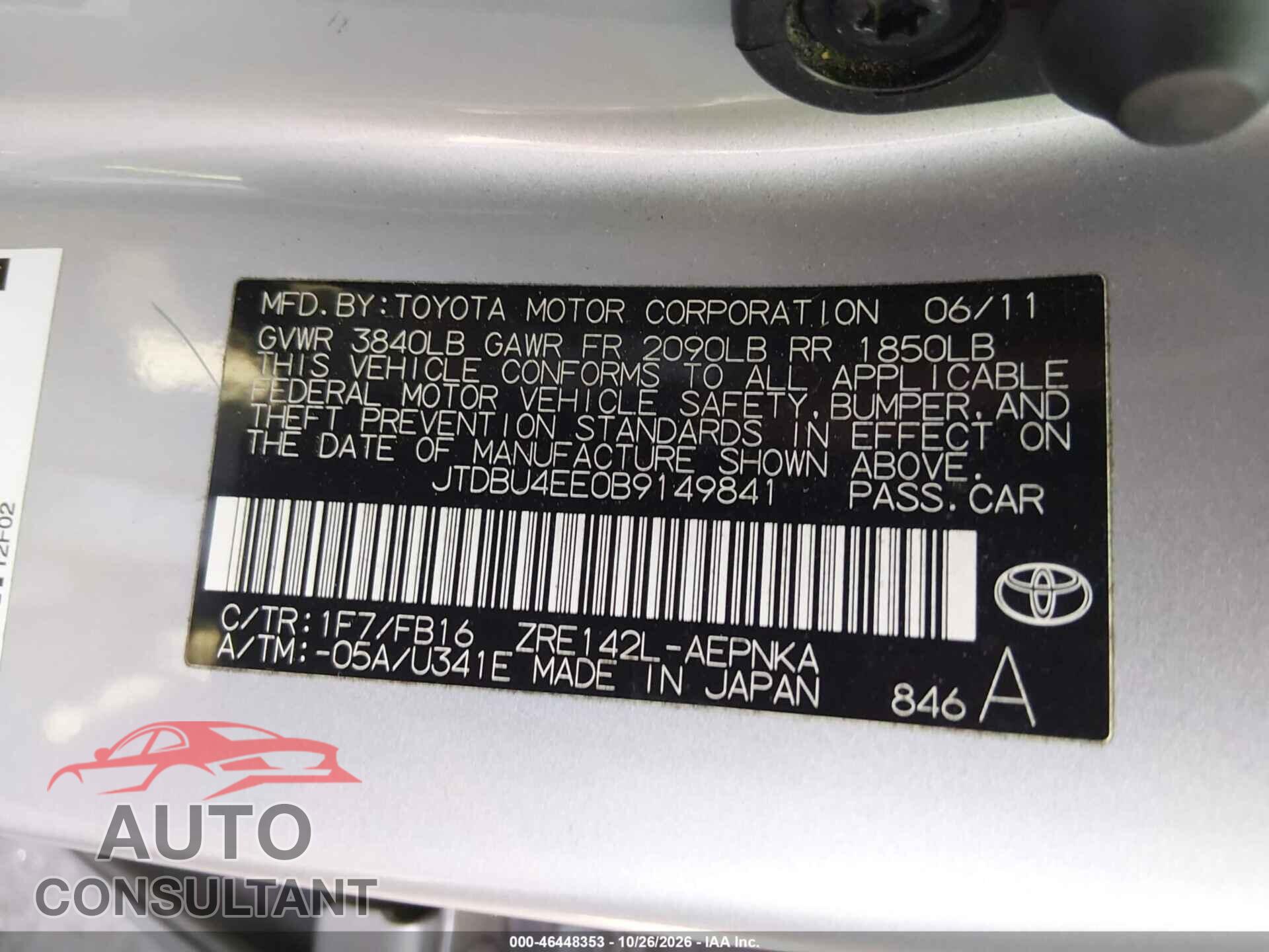 TOYOTA COROLLA 2011 - JTDBU4EE0B9149841