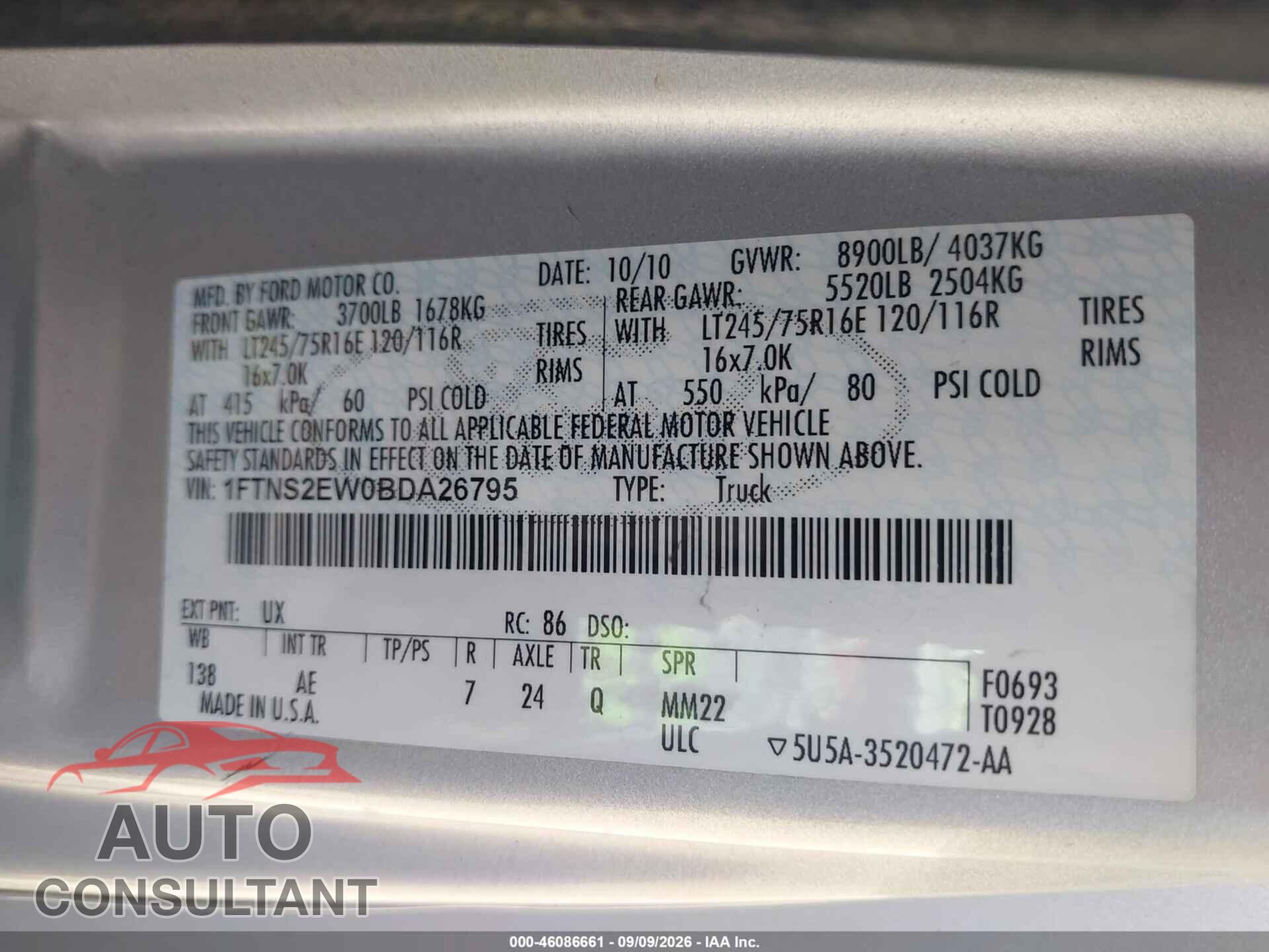 FORD E-250 2011 - 1FTNS2EW0BDA26795