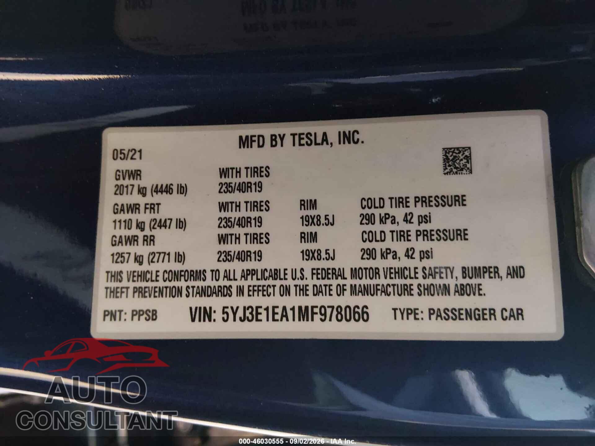 TESLA MODEL 3 2021 - 5YJ3E1EA1MF978066