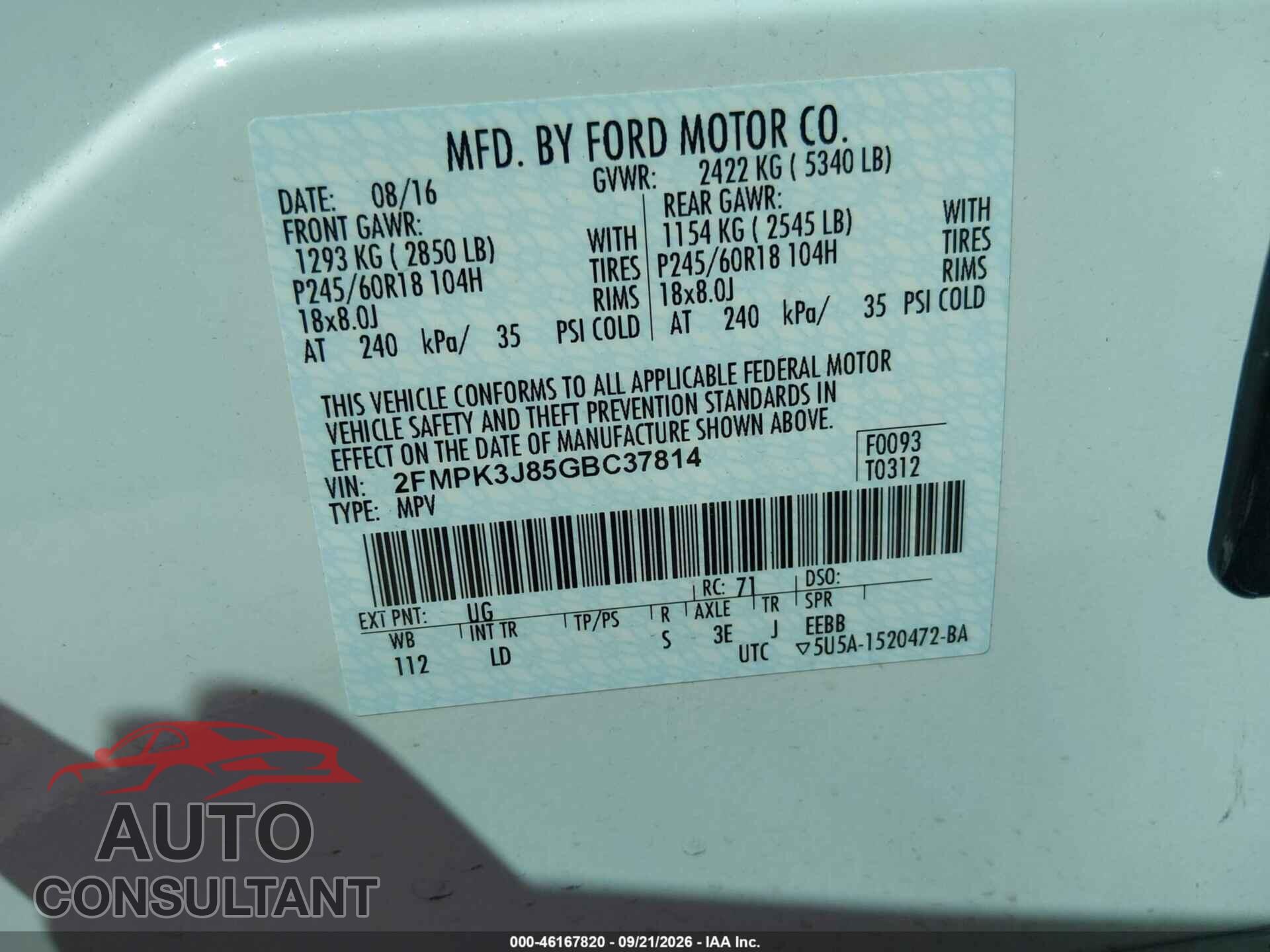 FORD EDGE 2016 - 2FMPK3J85GBC37814