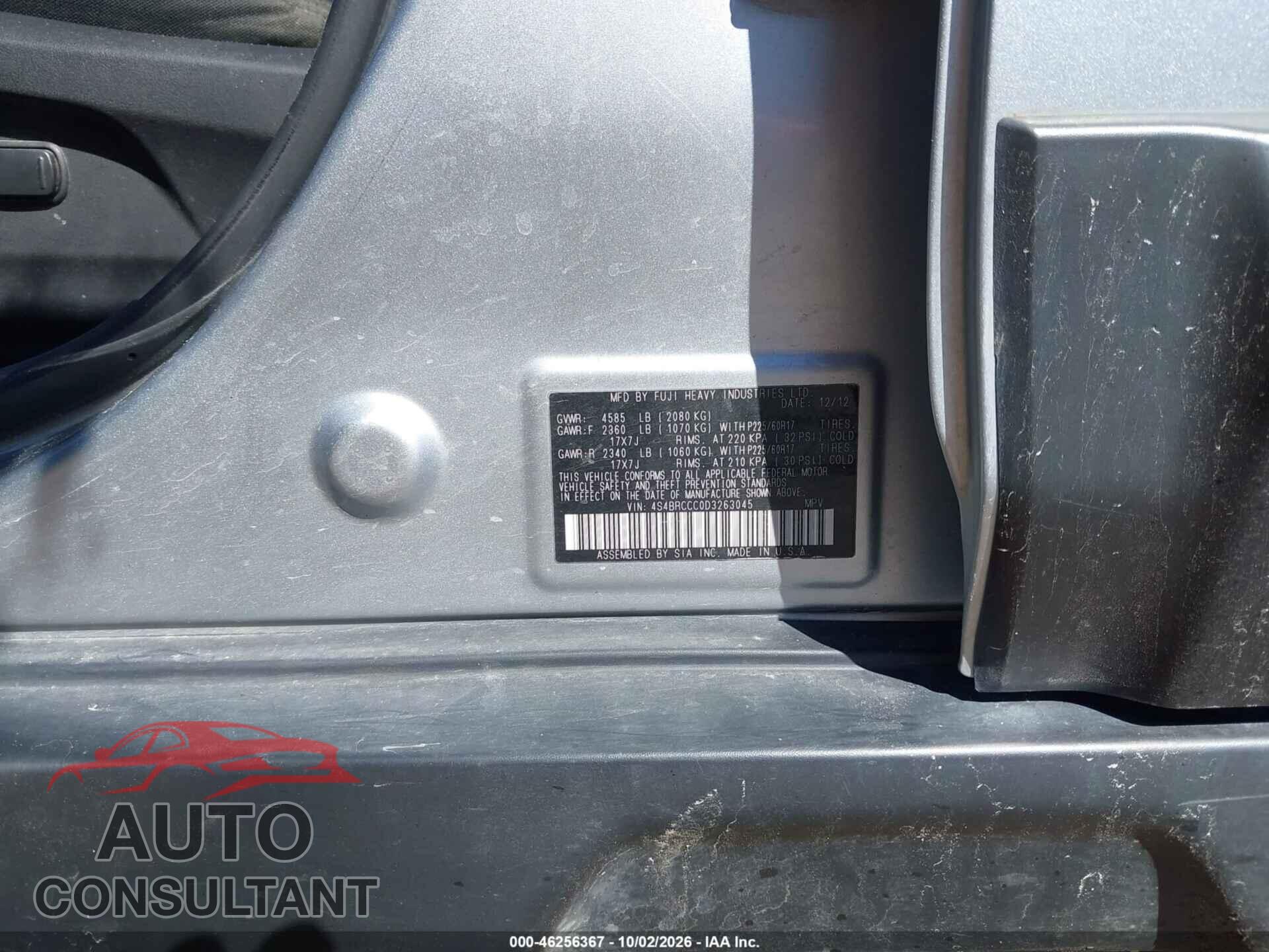 SUBARU OUTBACK 2013 - 4S4BRCCC0D3263045