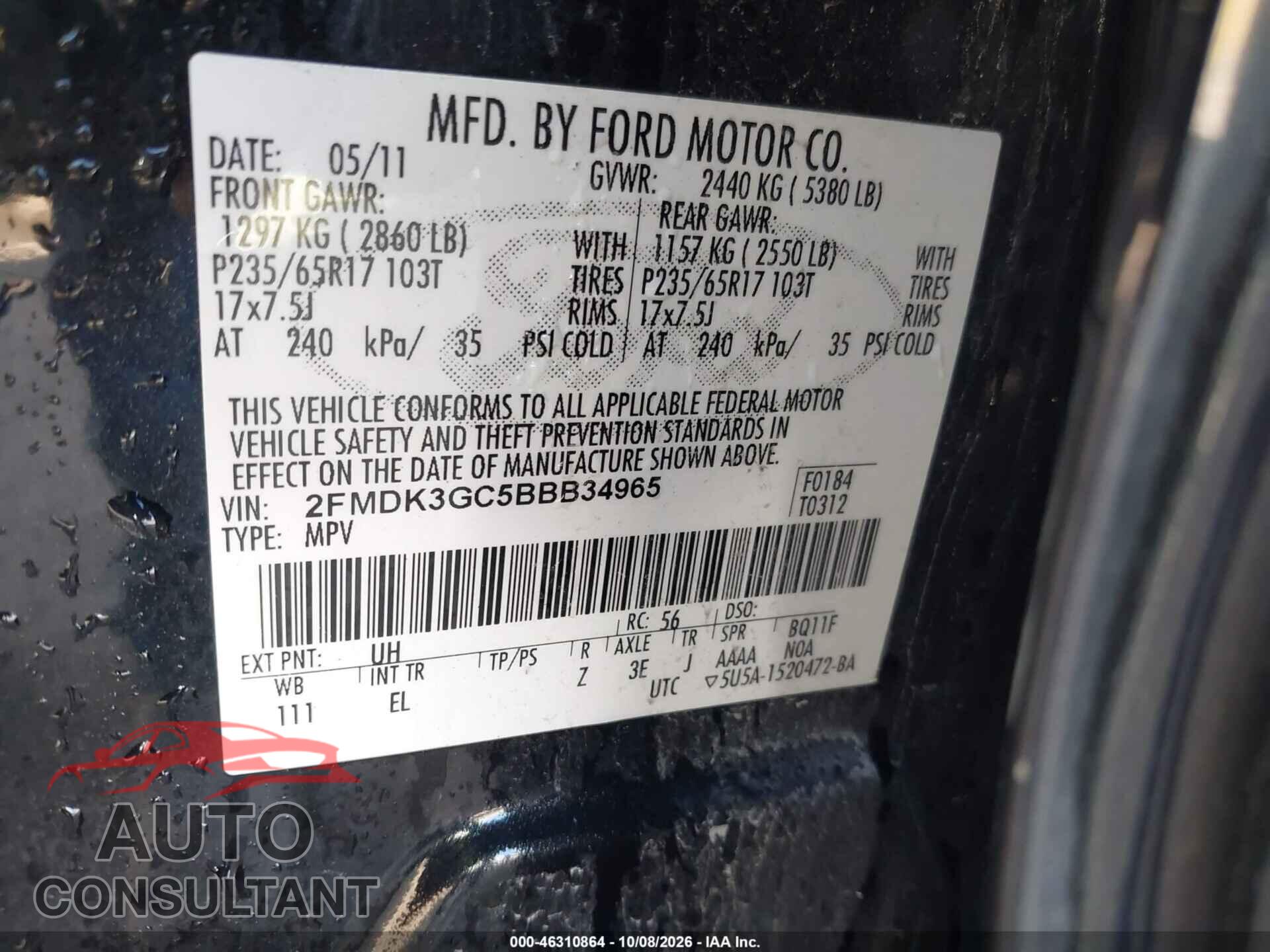 FORD EDGE 2011 - 2FMDK3GC5BBB34965