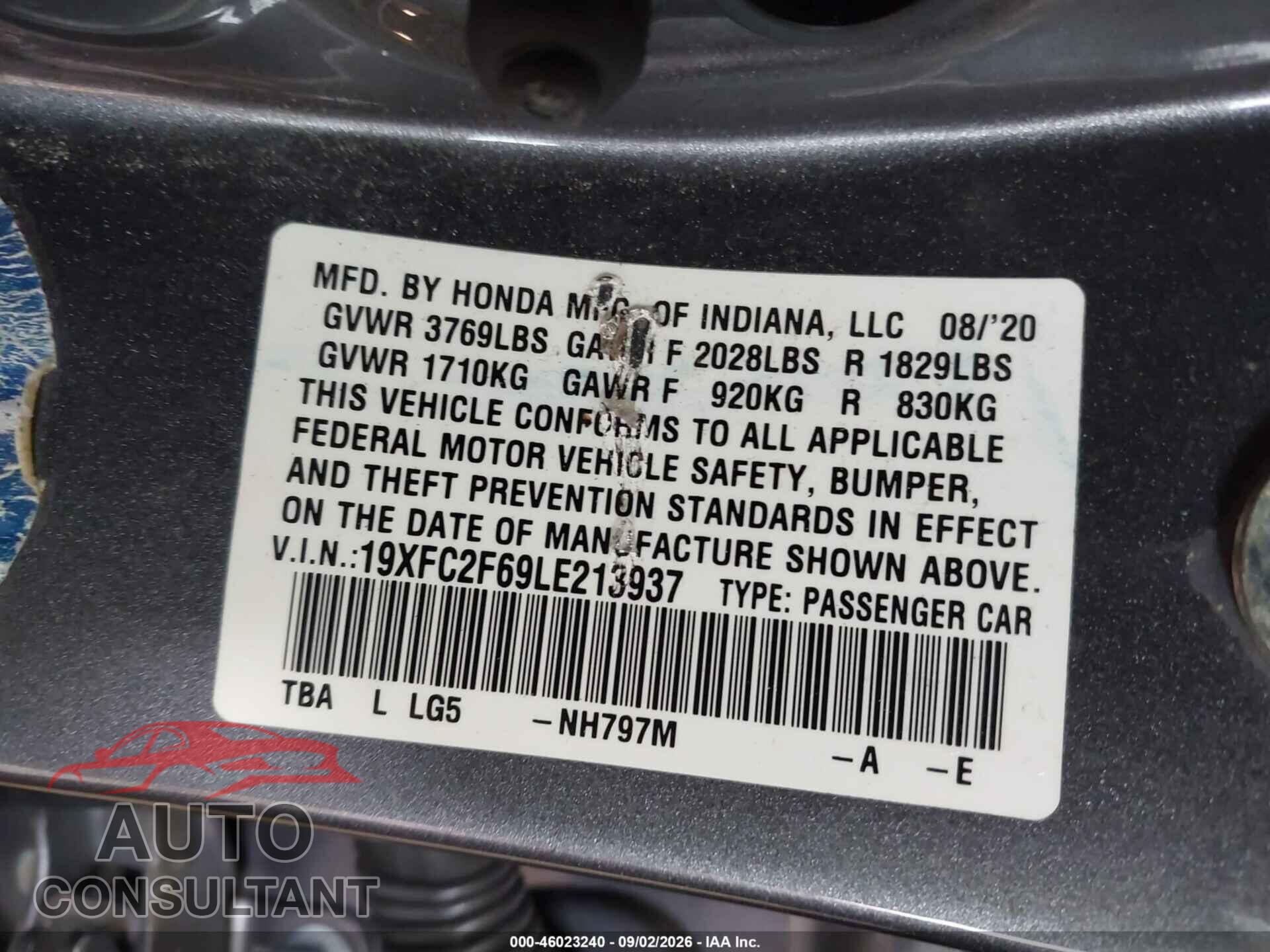 HONDA CIVIC 2020 - 19XFC2F69LE213937