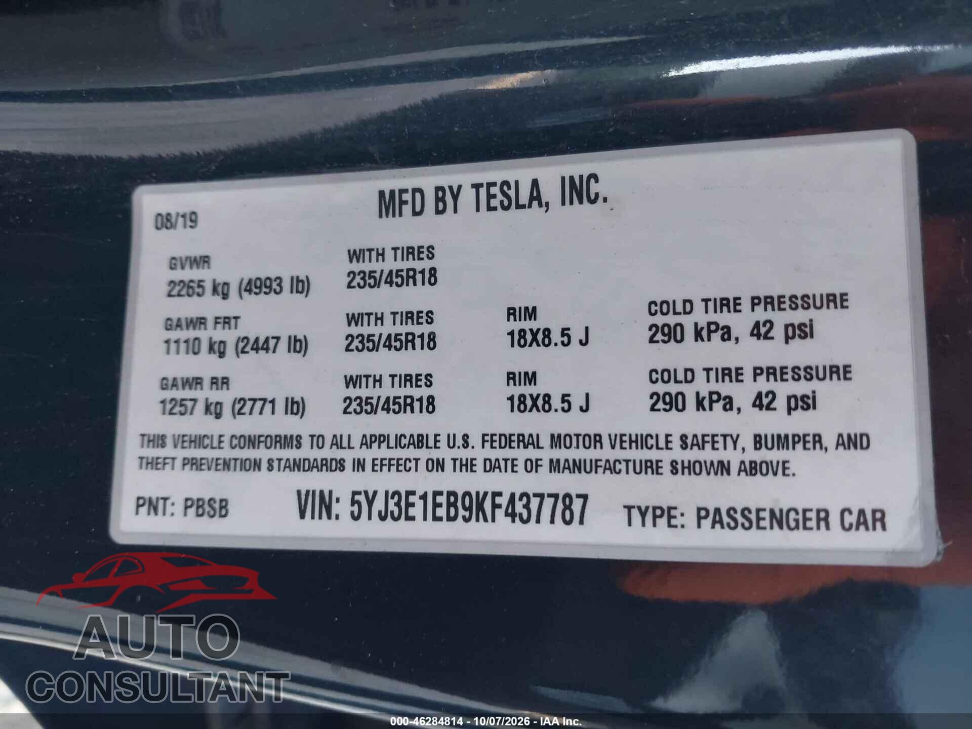 TESLA MODEL 3 2019 - 5YJ3E1EB9KF437787