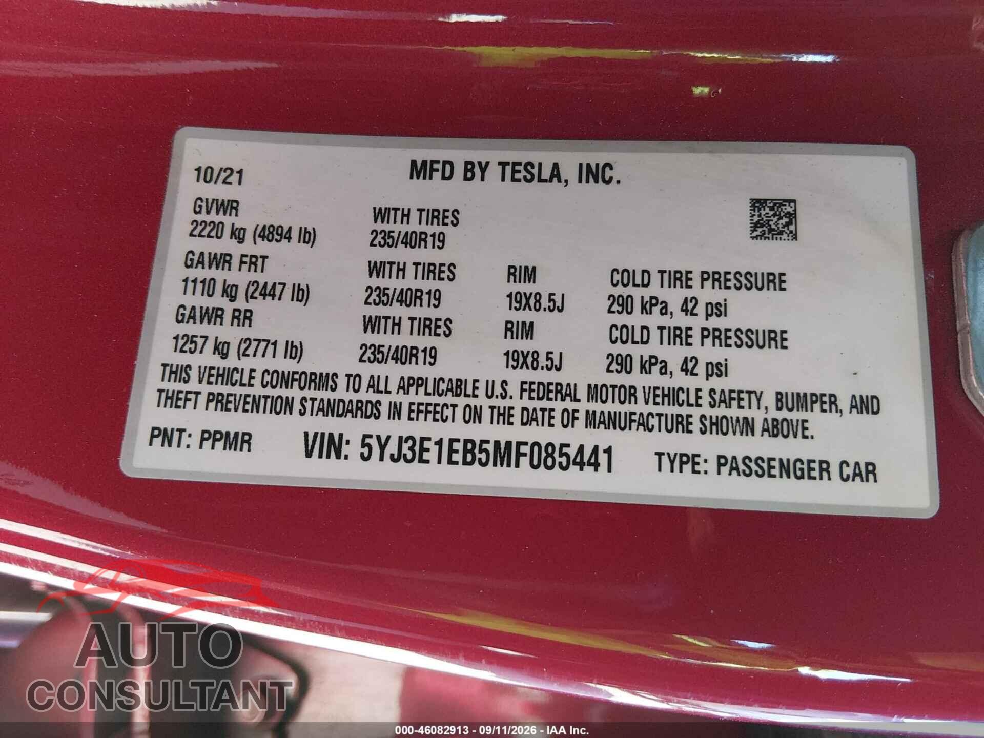 TESLA MODEL 3 2021 - 5YJ3E1EB5MF085441