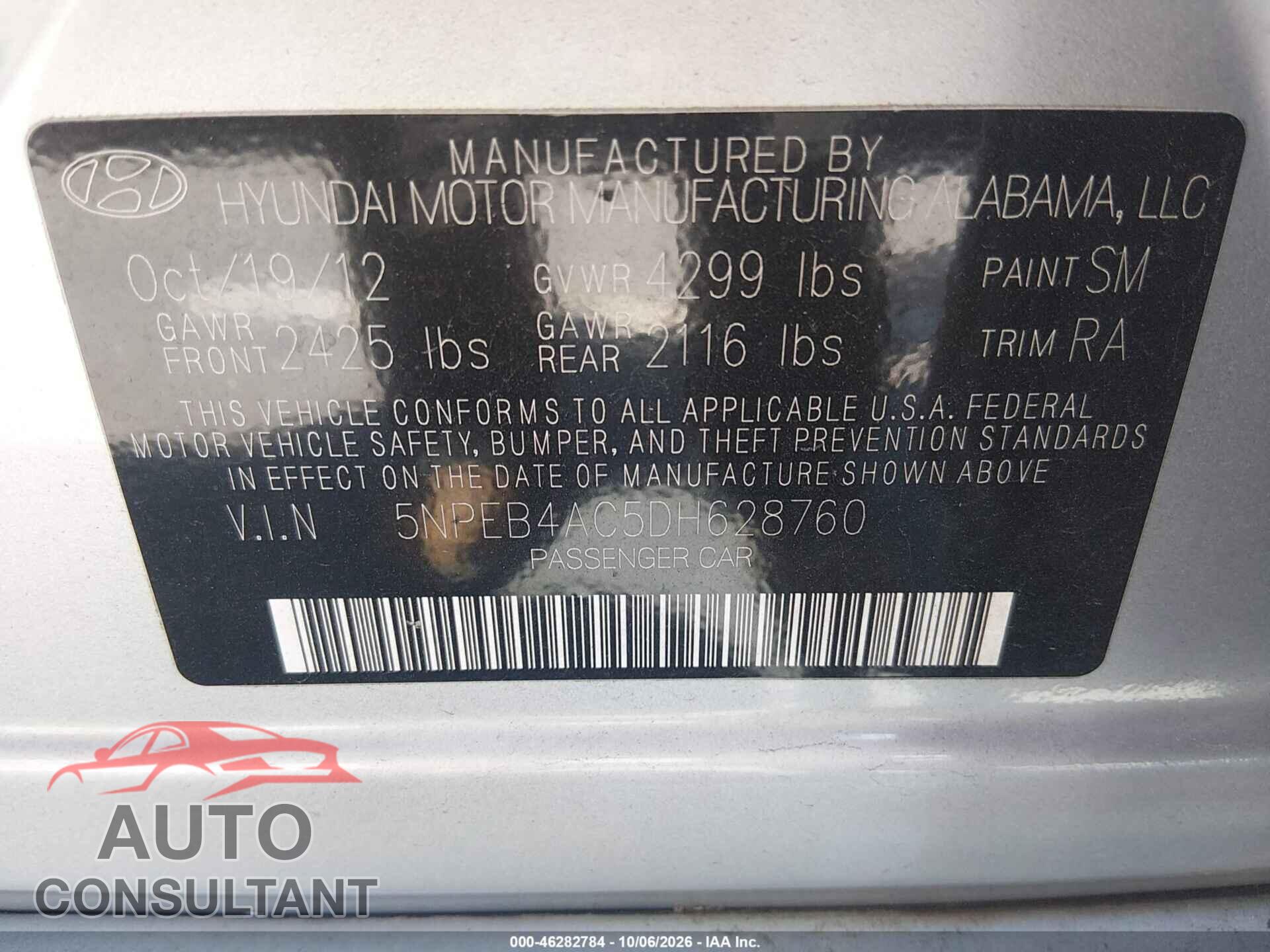 HYUNDAI SONATA 2013 - 5NPEB4AC5DH628760