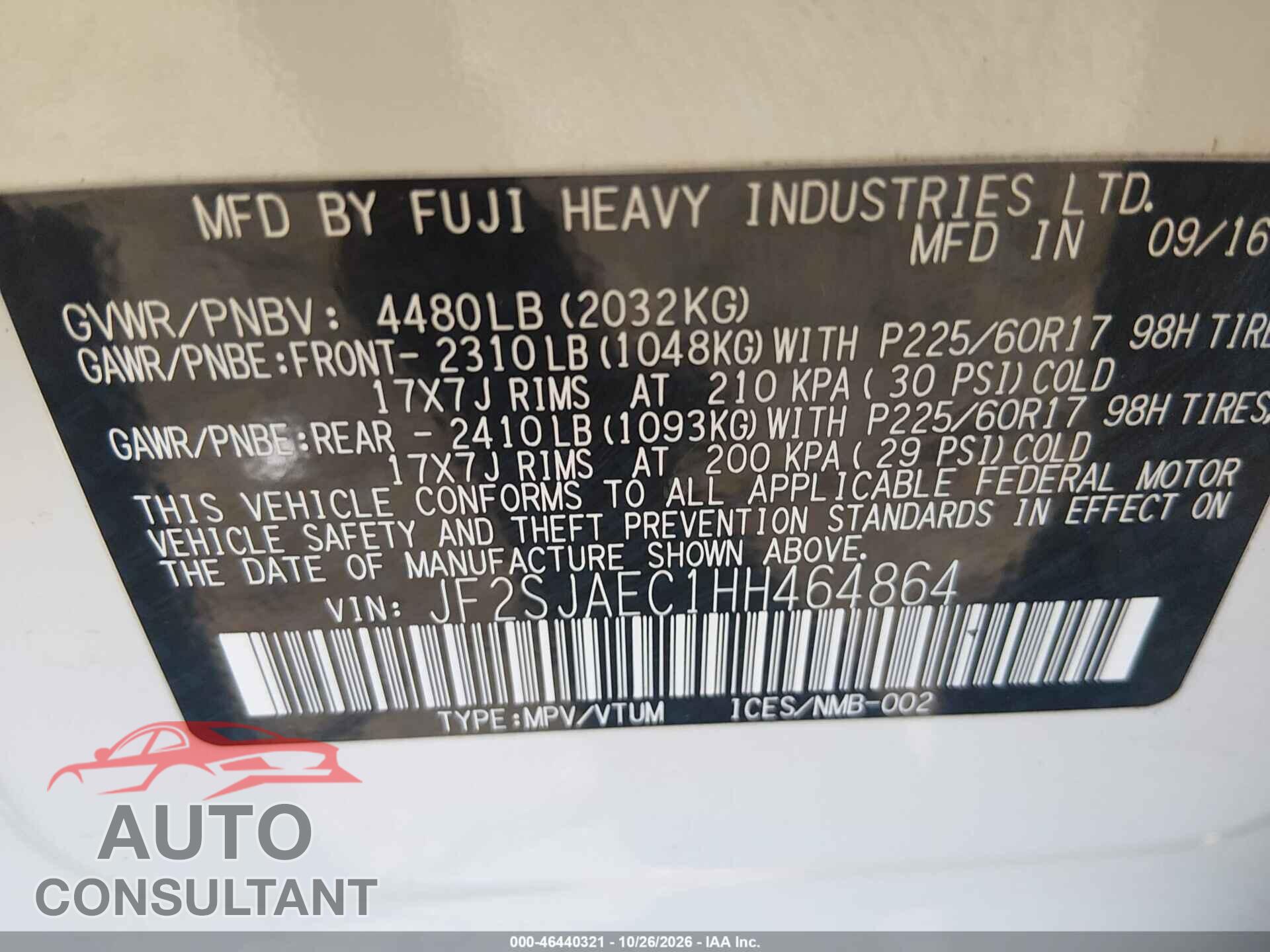 SUBARU FORESTER 2017 - JF2SJAEC1HH464864