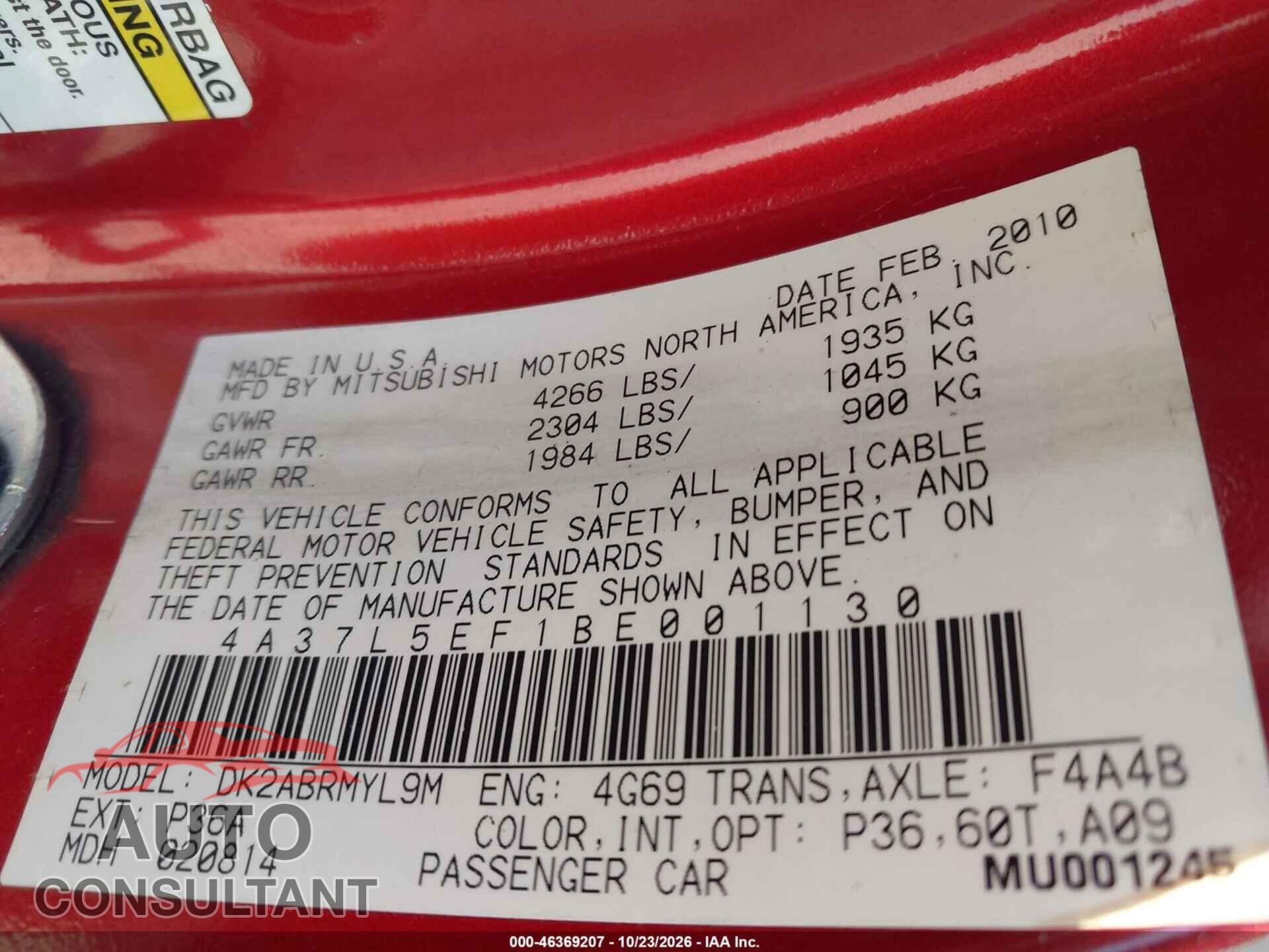 MITSUBISHI ECLIPSE SPYDER 2011 - 4A37L5EF1BE001130