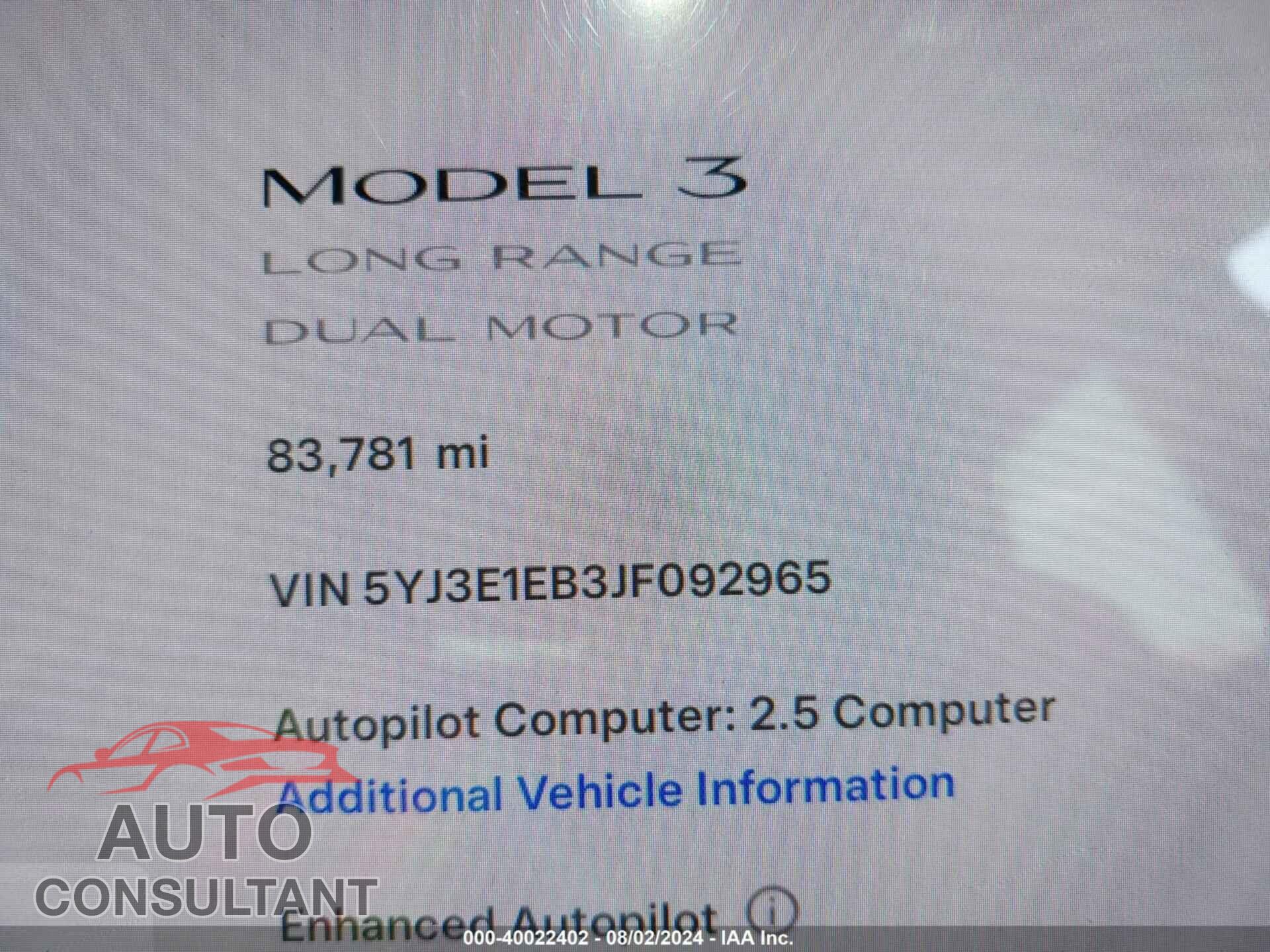 TESLA MODEL 3 2018 - 5YJ3E1EB3JF092965