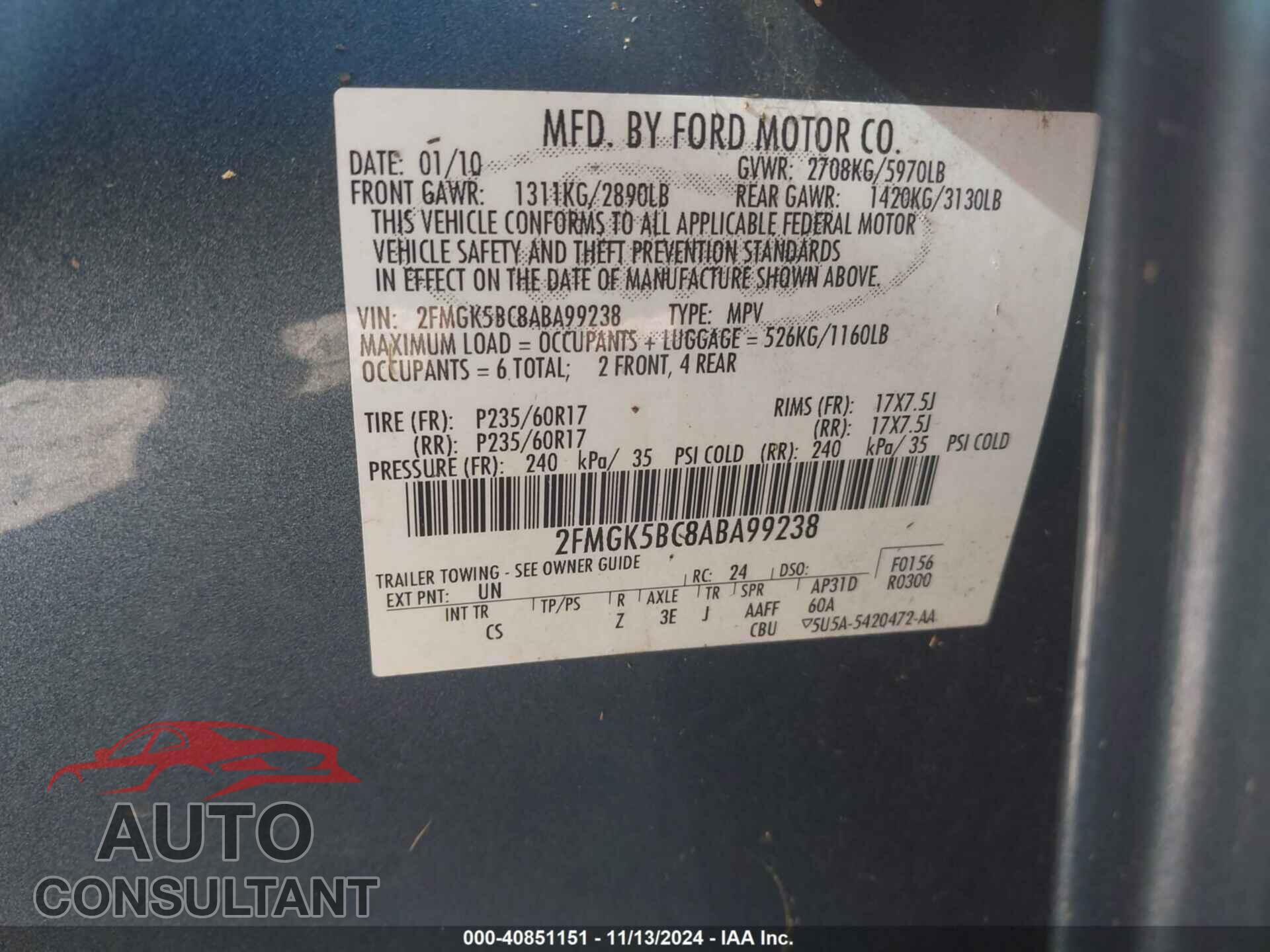 FORD FLEX 2010 - 2FMGK5BC8ABA99238
