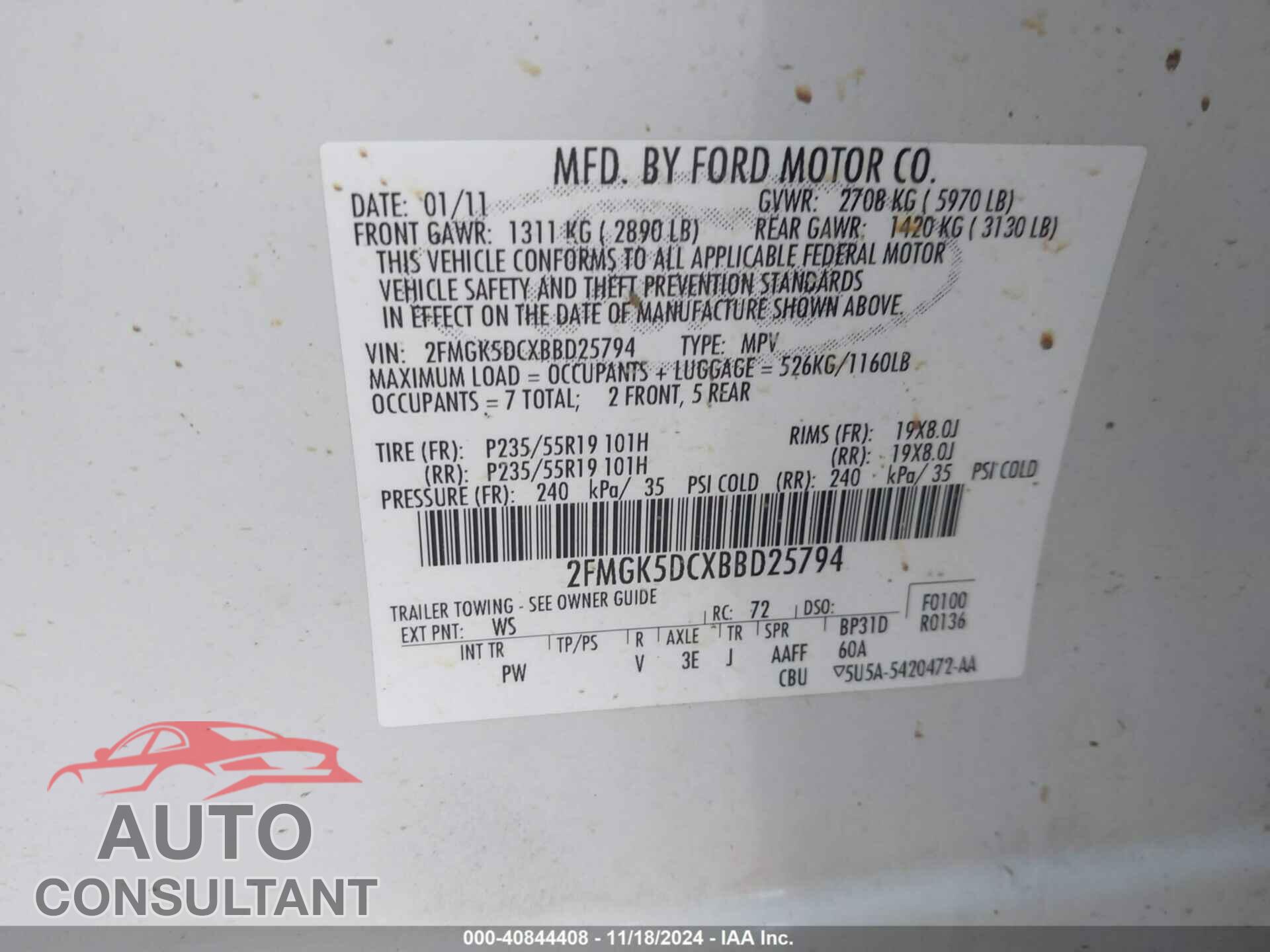 FORD FLEX 2011 - 2FMGK5DCXBBD25794