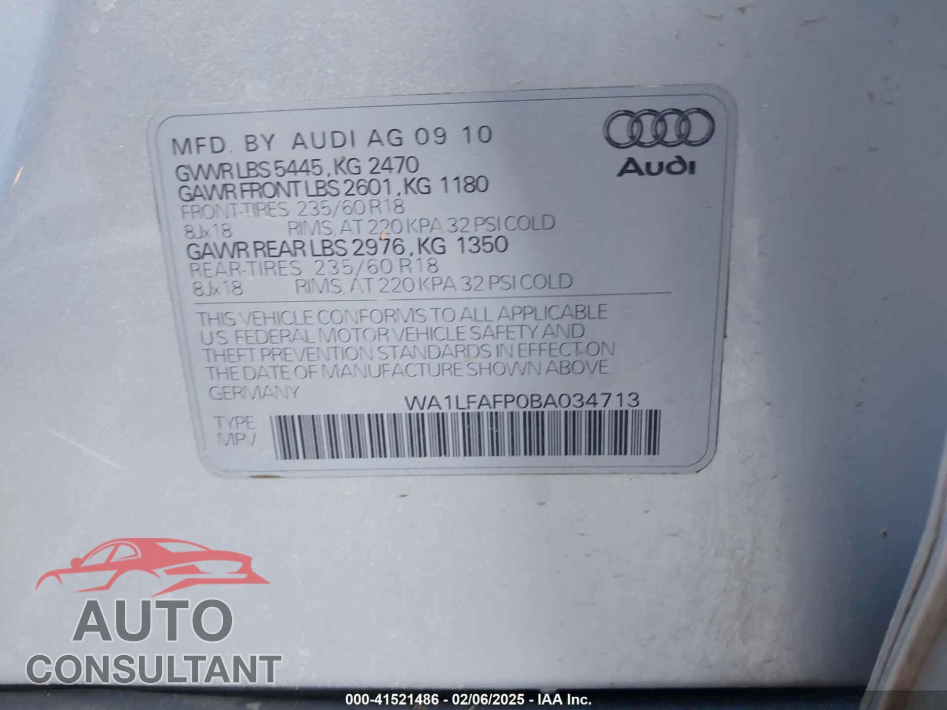 AUDI Q5 2011 - WA1LFAFP0BA034713