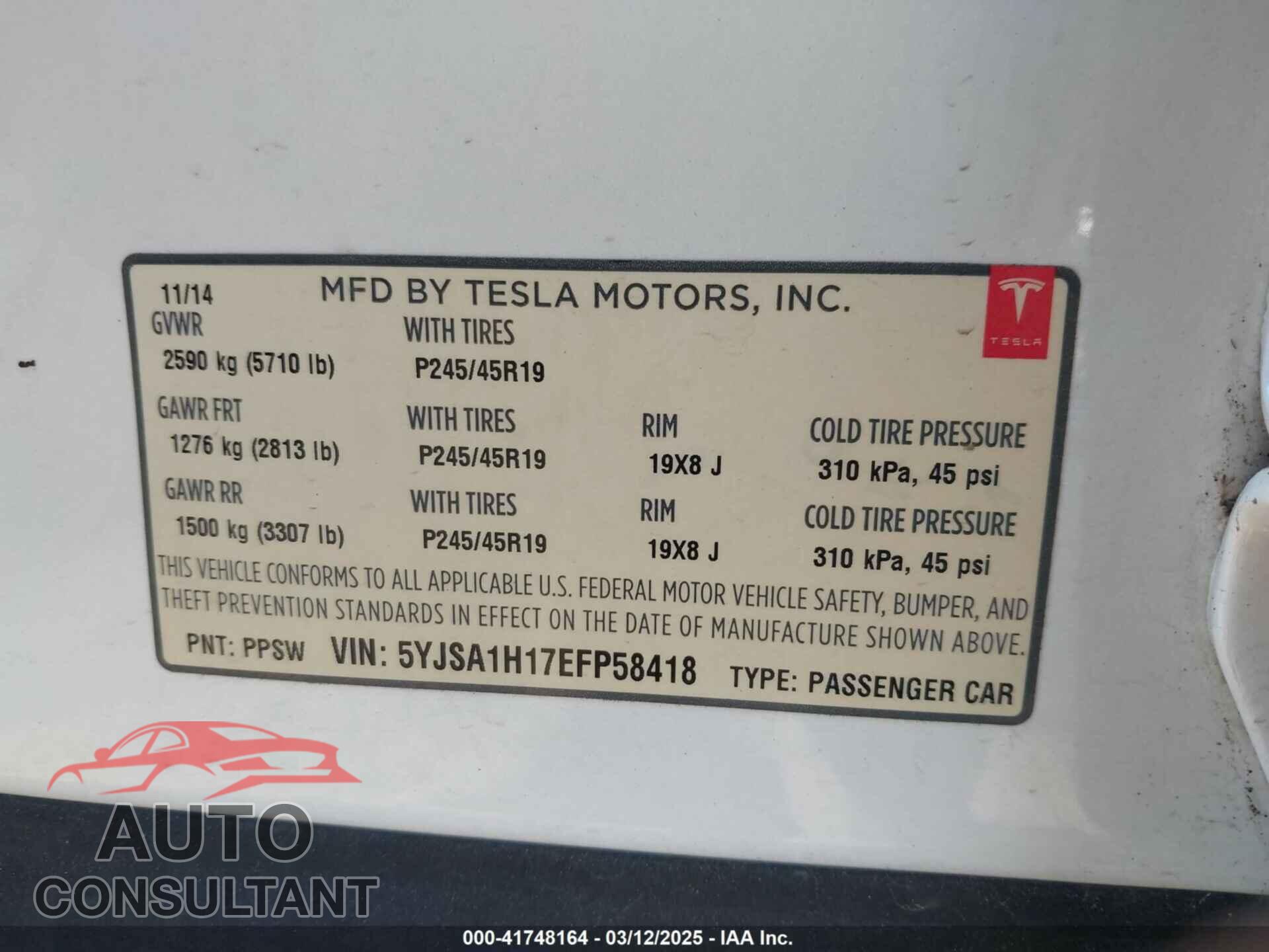 TESLA MODEL S 2014 - 5YJSA1H17EFP58418