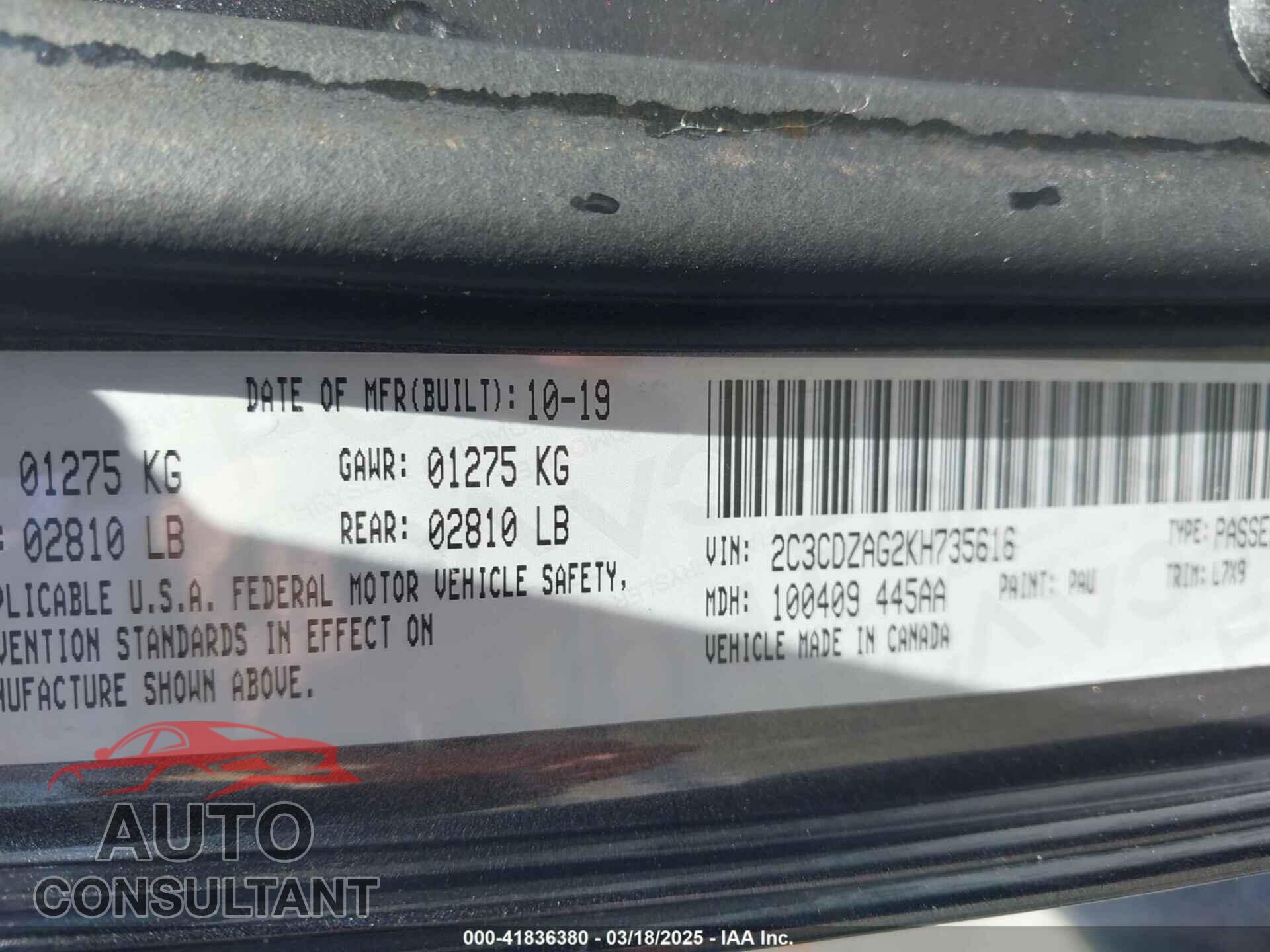 DODGE CHALLENGER 2019 - 2C3CDZAG2KH735616