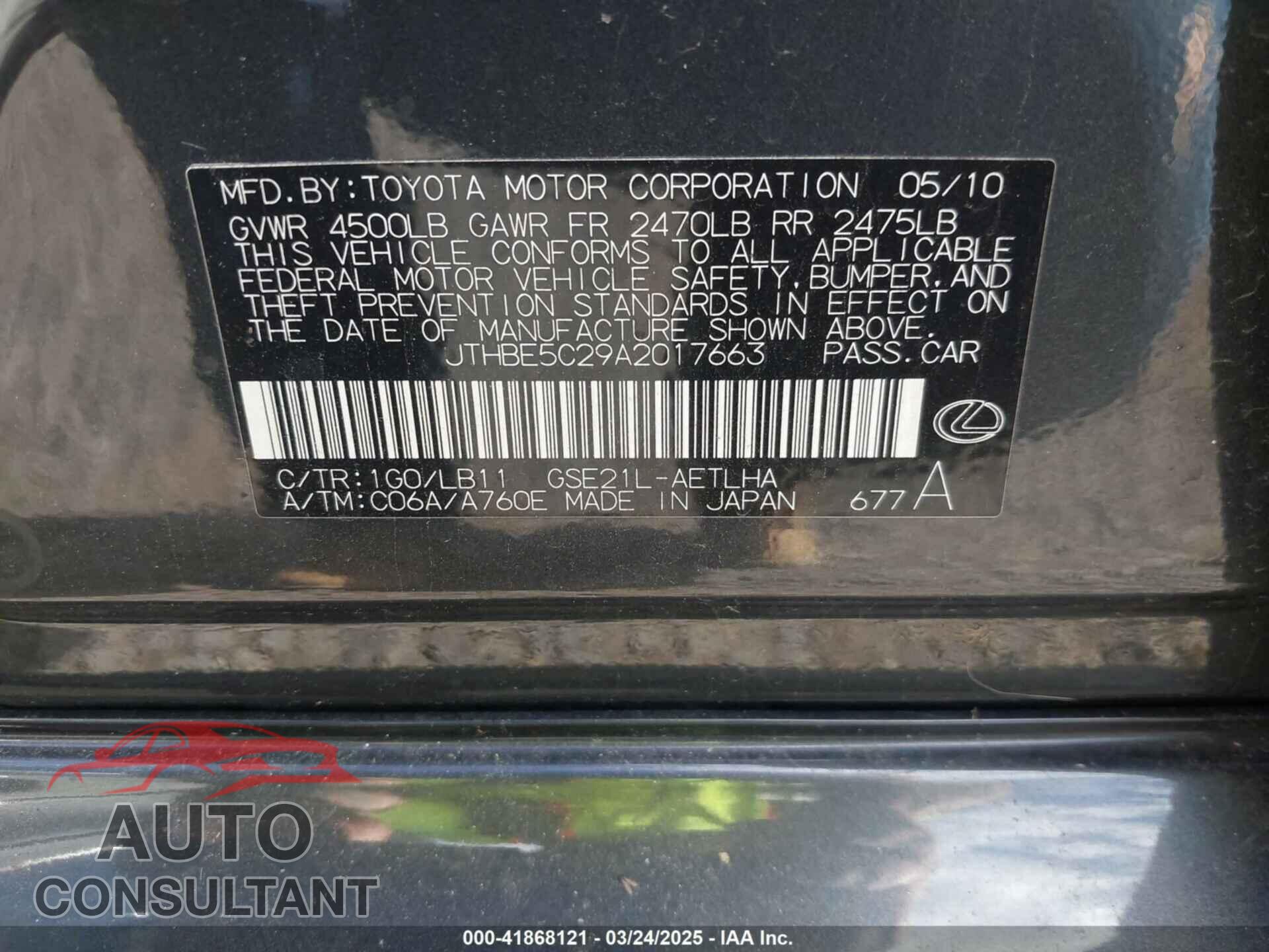 LEXUS IS 350 2010 - JTHBE5C29A2017663