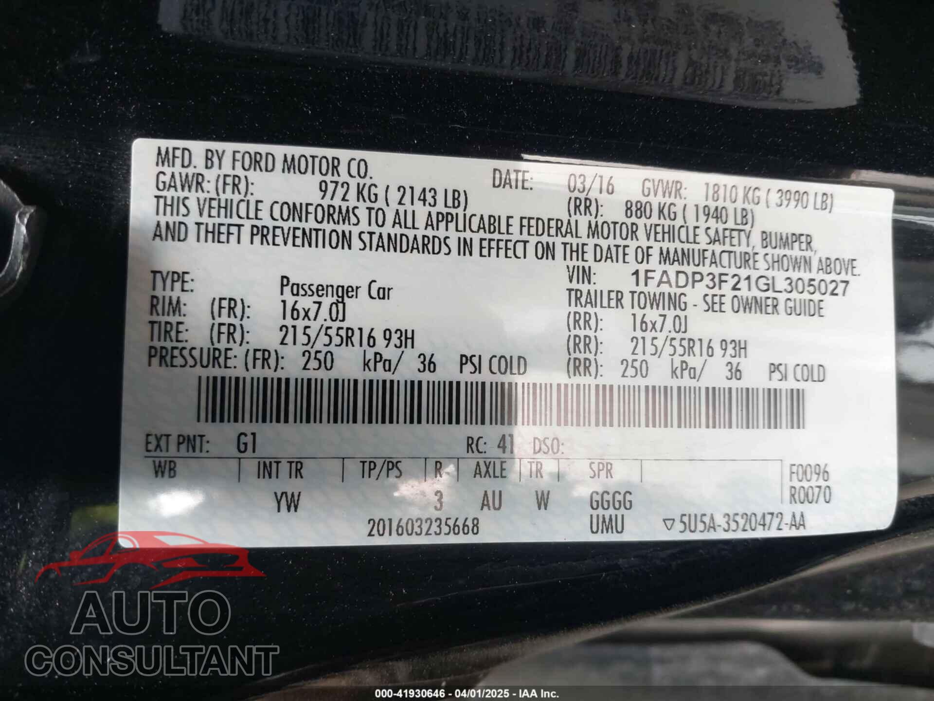 FORD FOCUS 2016 - 1FADP3F21GL305027