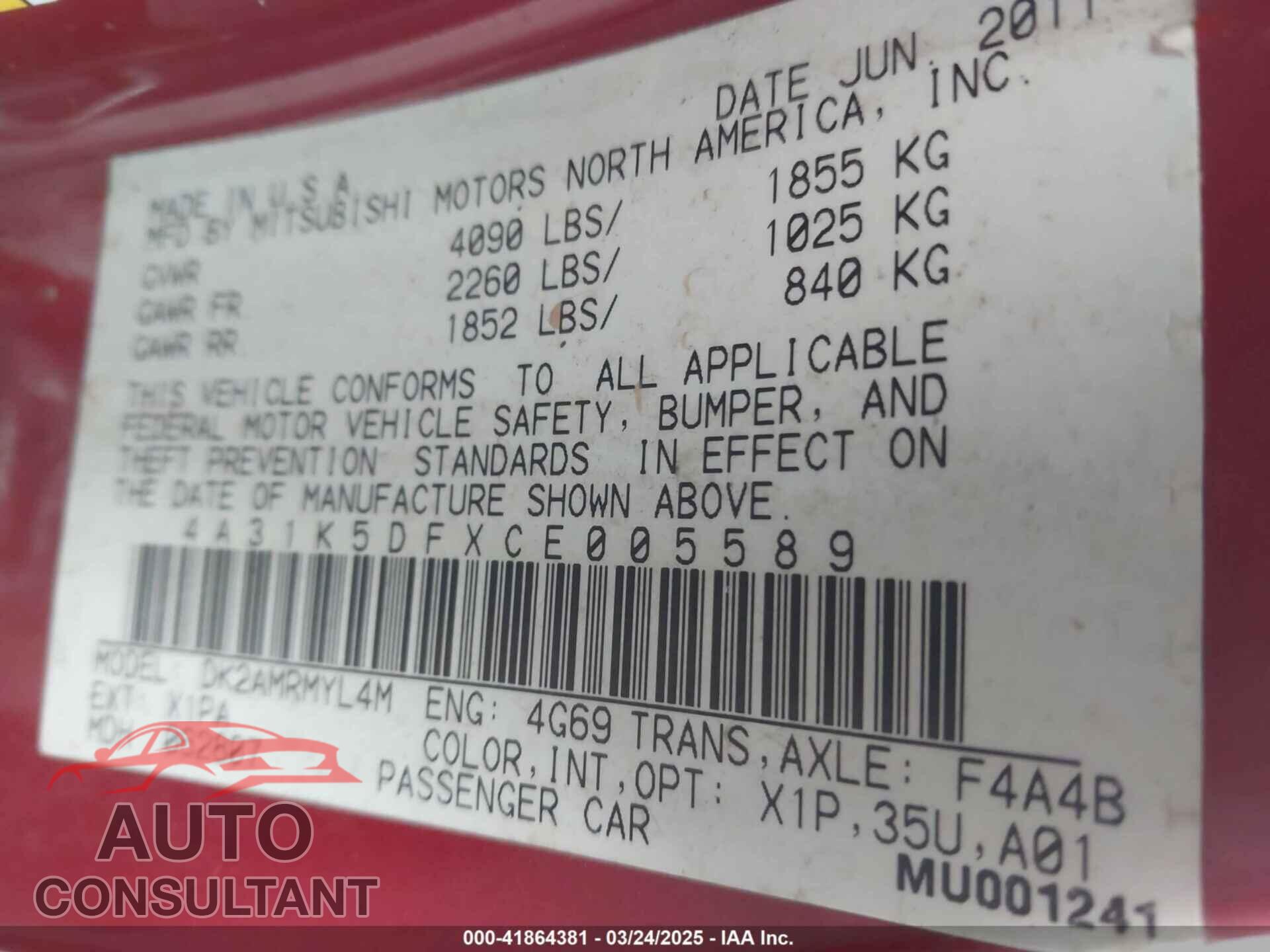 MITSUBISHI ECLIPSE 2012 - 4A31K5DFXCE005589