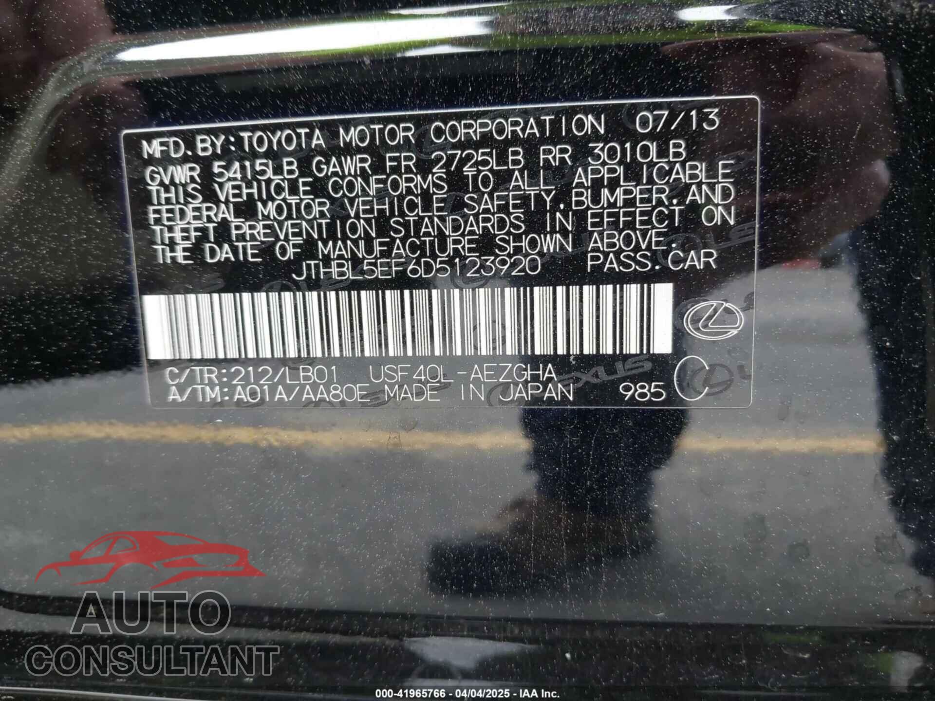 LEXUS LS 460 2013 - JTHBL5EF6D5123920