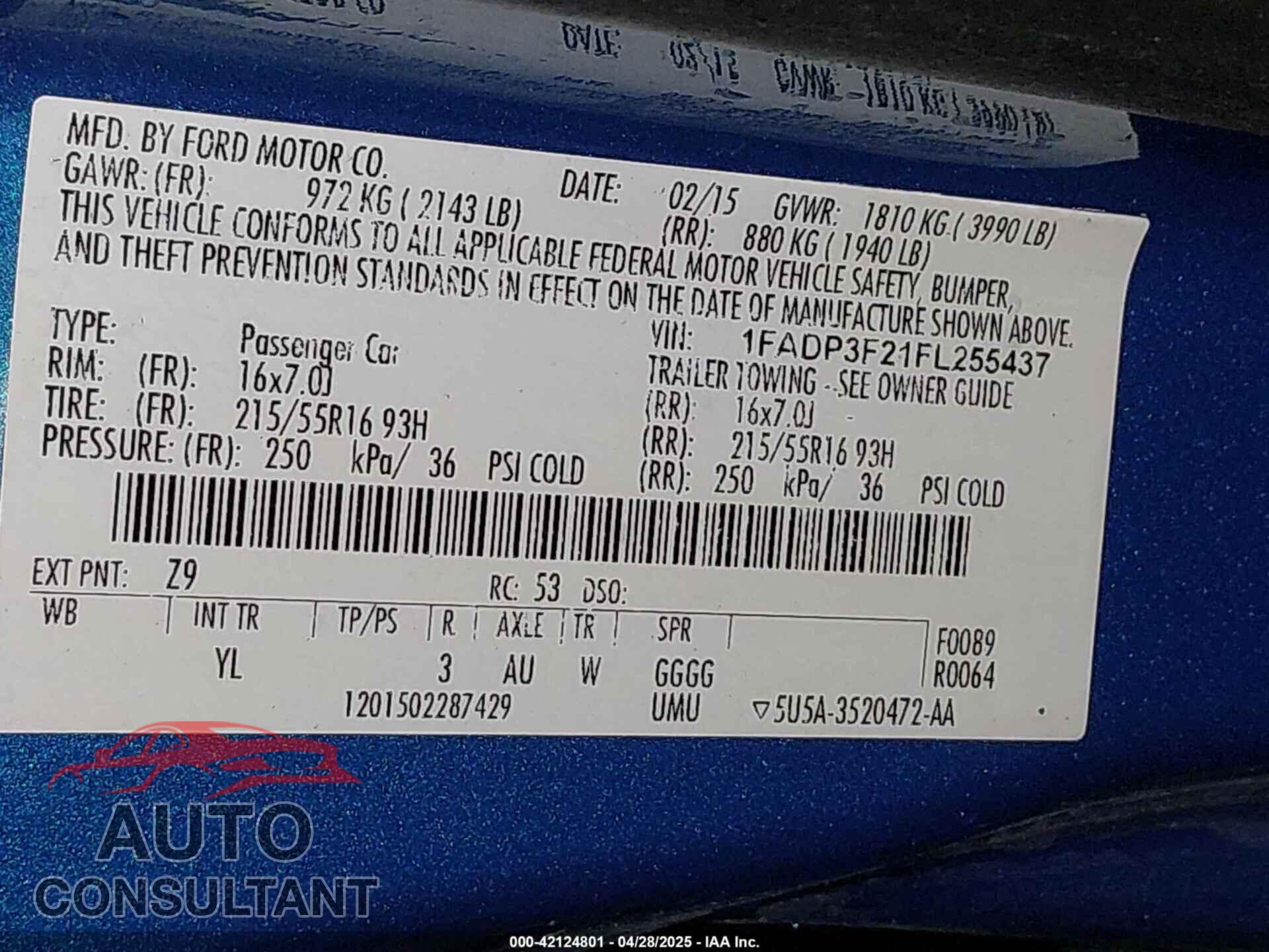 FORD FOCUS 2015 - 1FADP3F21FL255437