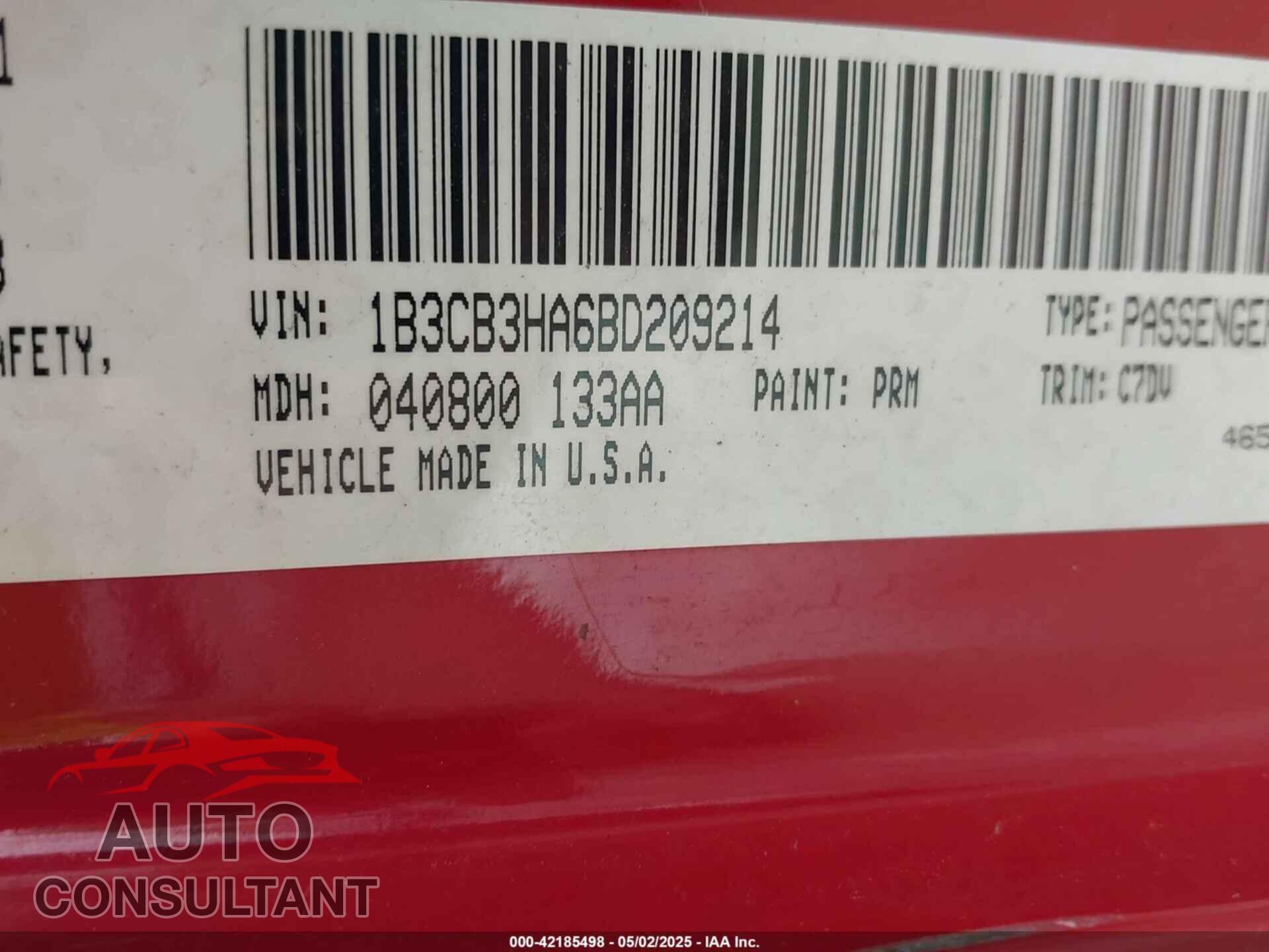 DODGE CALIBER 2011 - 1B3CB3HA6BD209214
