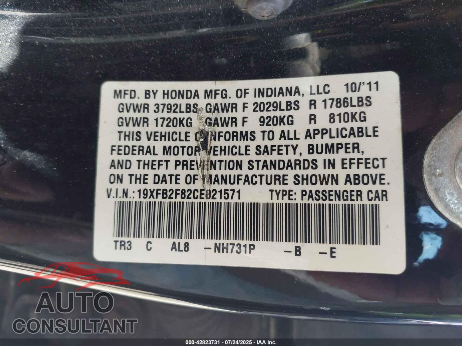HONDA CIVIC 2012 - 19XFB2F82CE021571