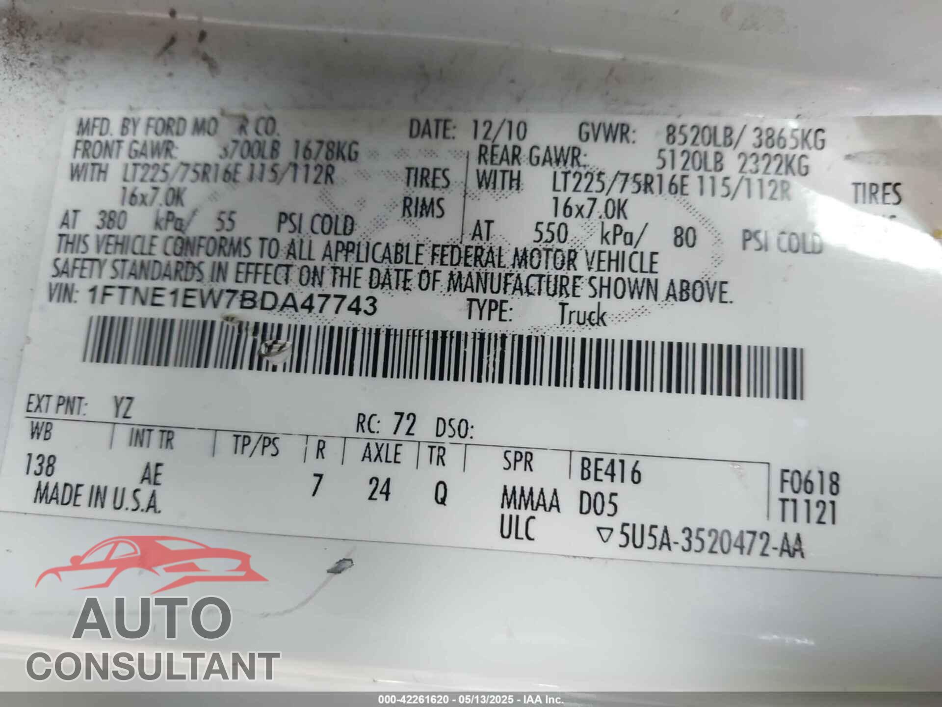 FORD E-150 2011 - 1FTNE1EW7BDA47743
