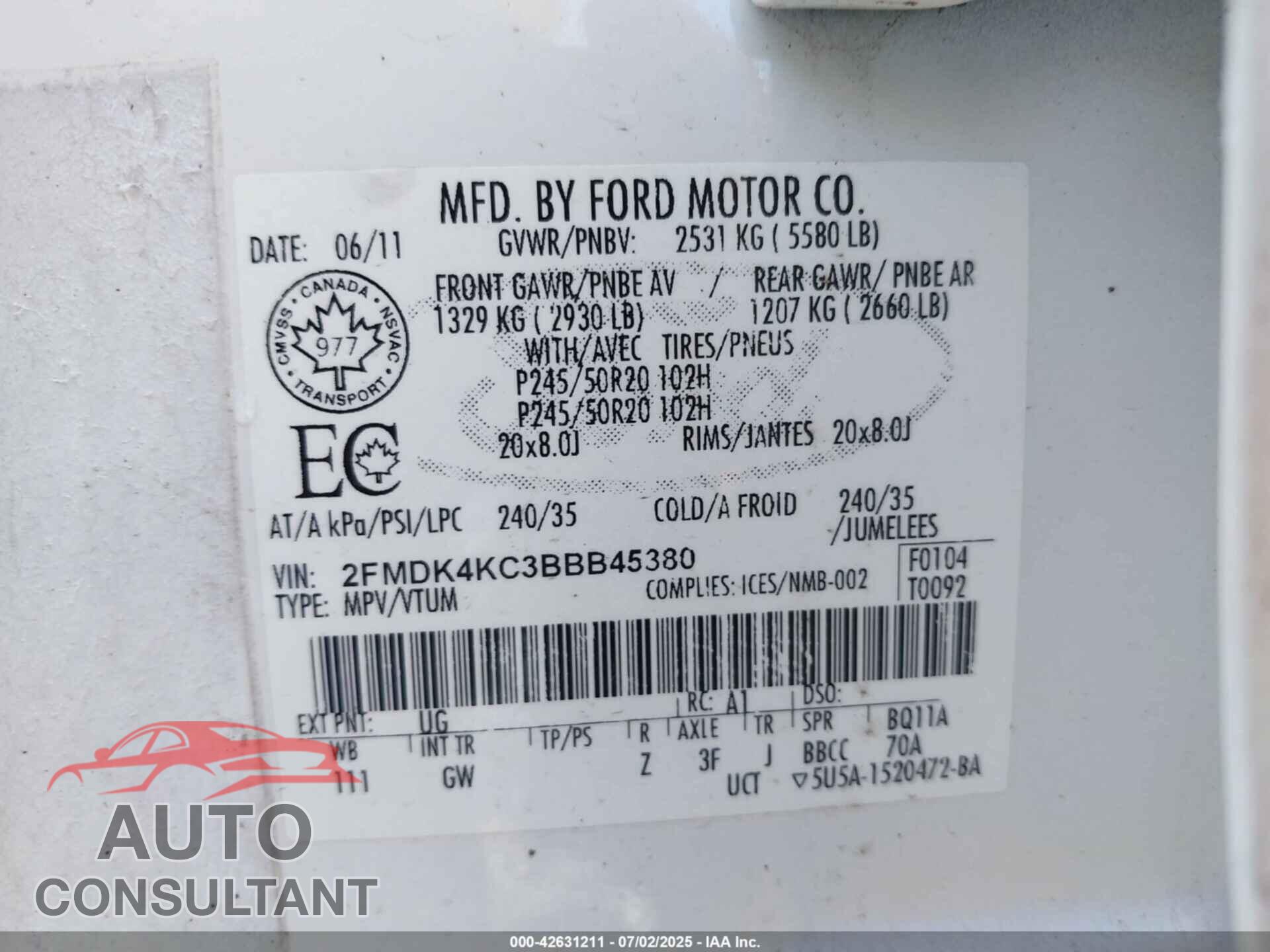 FORD EDGE 2011 - 2FMDK4KC3BBB45380