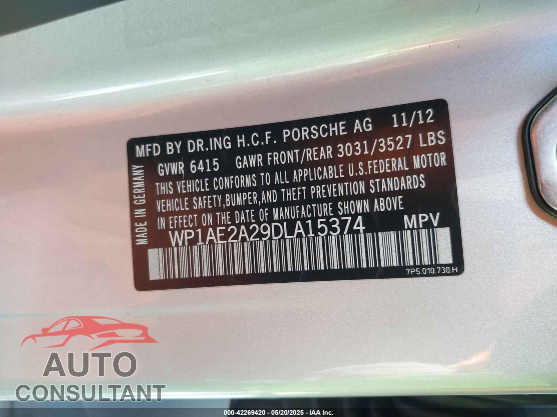 PORSCHE CAYENNE 2013 - WP1AE2A29DLA15374