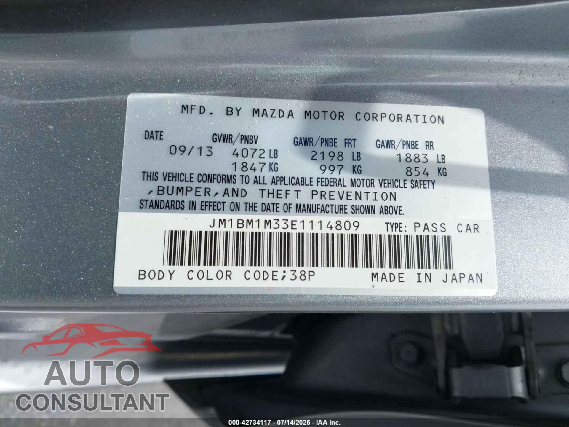 MAZDA MAZDA3 2014 - JM1BM1M33E1114809