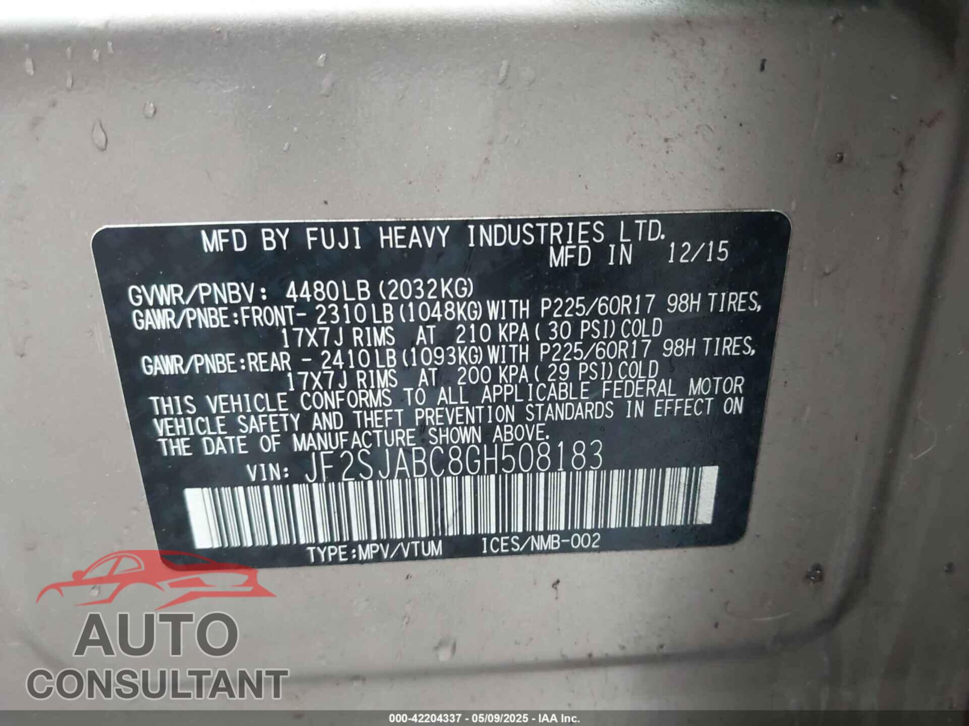 SUBARU FORESTER 2016 - JF2SJABC8GH508183