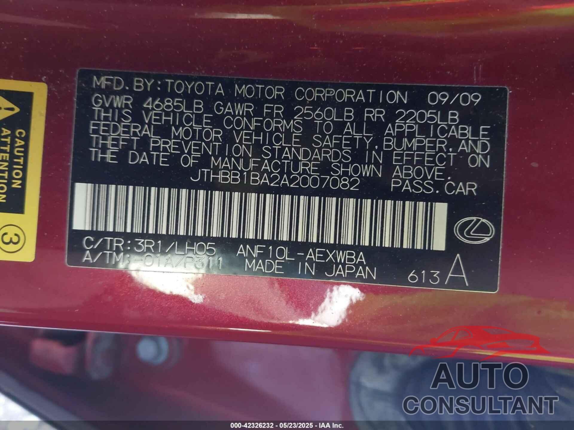 LEXUS HS 250H 2010 - JTHBB1BA2A2007082