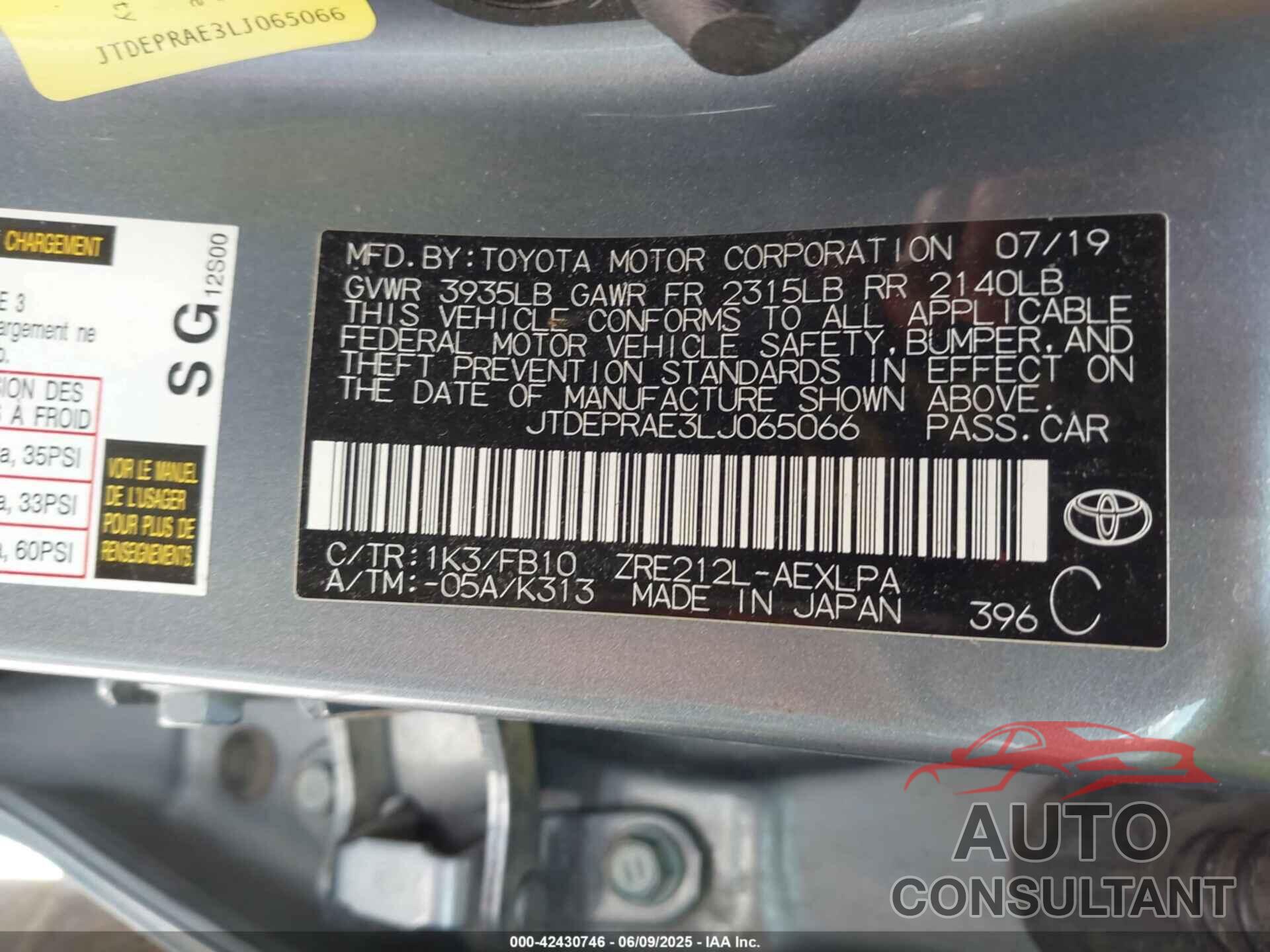 TOYOTA COROLLA 2020 - JTDEPRAE3LJ065066