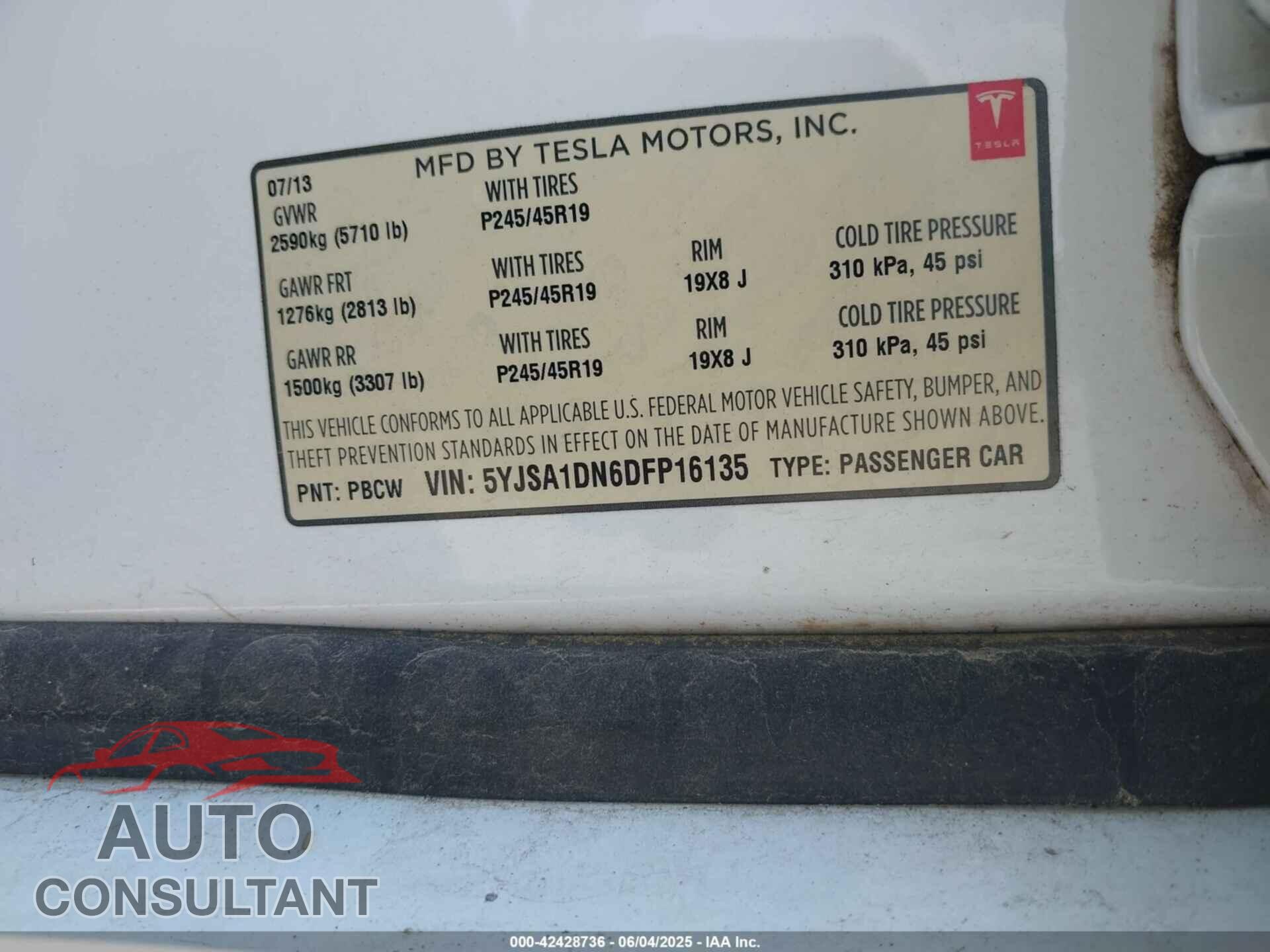 TESLA MODEL S 2013 - 5YJSA1DN6DFP16135